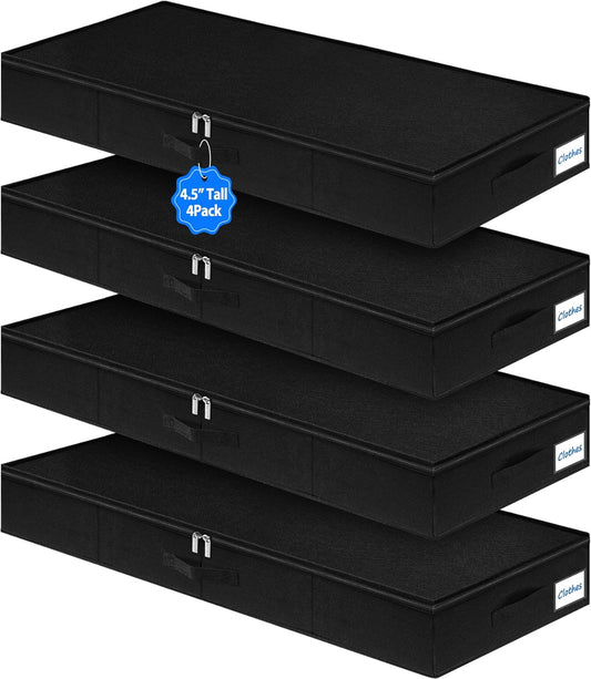 Under Bed Storage Containers, Low Profile Underbed Zipper Storage Bin 4.5 Inches Tall, Shallow Under Bed Storage with Sturdy Side & Bottom Support, Linen Storage with Lid for Sofa and Dorm, 4Pcs Black