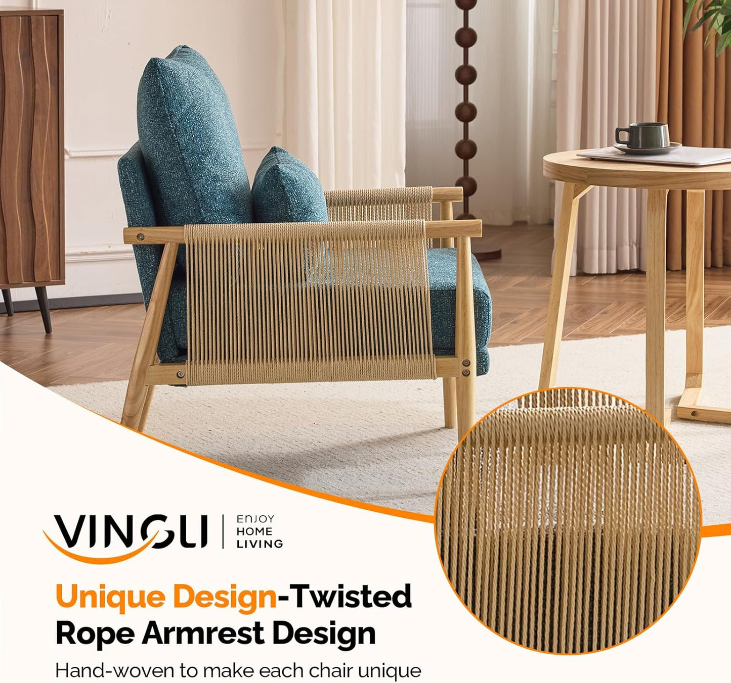 VINGLI Boho Braid Accent Armchairs Set of 2,Mid-Century Modern Chiars with Solid Wooden Armrest,Comfy Louge Cushion Chairs with Waist Pillow for Bedroom,Living Room,Reading Room, Teal