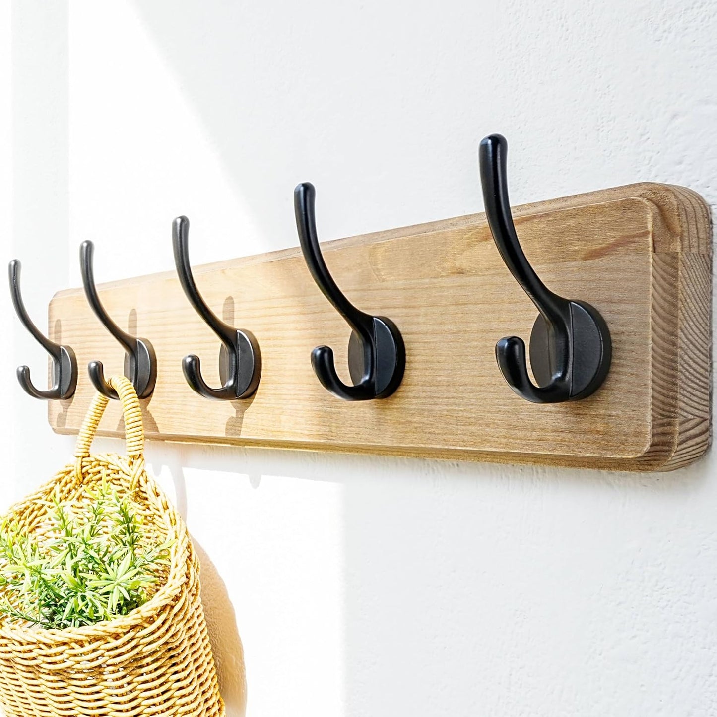 Dseap Coat Rack Wall: Patented, Heavy-Duty, 17.4" Long 5-Double-Hooks Wooden Wall Mounted Coat Rack Coat Hanger Hook Rail for Winter Coats Hat Jacket Clothing, Weathered Brown