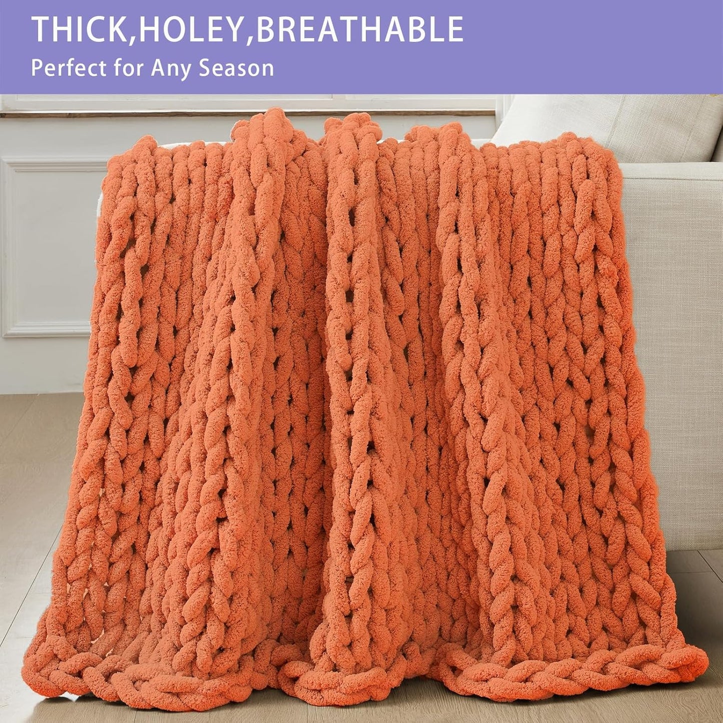 Bigacogo Chunky Knit Throw Blanket for Couch, 40x60 inches, 100% Hand Knitted with Thick Jumbo Chenille Yarn, Cozy Soft Large Rope Knot Cable Crochet Blankets for Sofa Bed Living Room, Terracotta