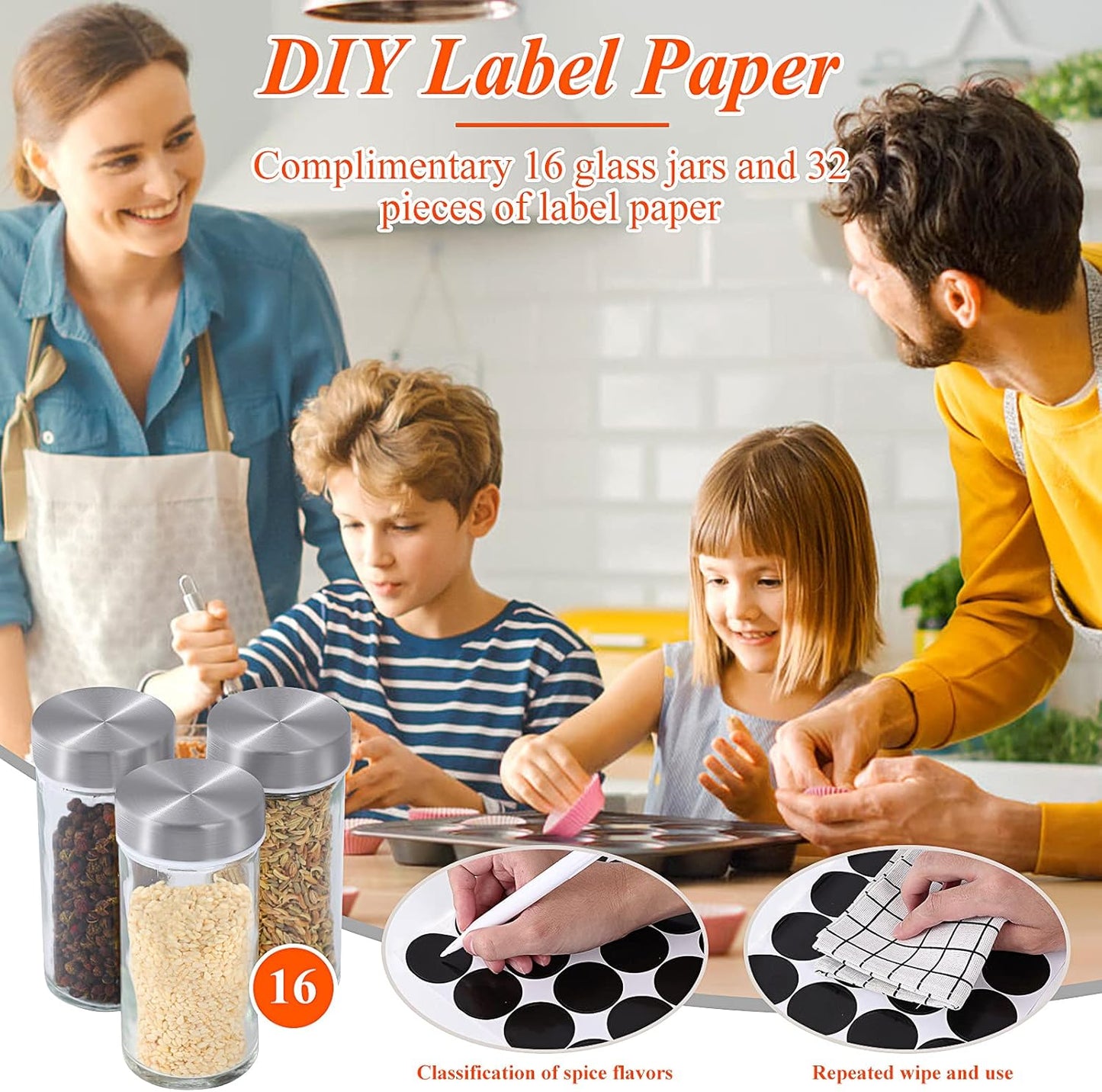 DOUBLE 2 C Revolving Countertop Spice Rack Stainless Steel Seasoning Storage Organization,Spice Carousel Tower for Kitchen Set of 16 Jars (16Jars)