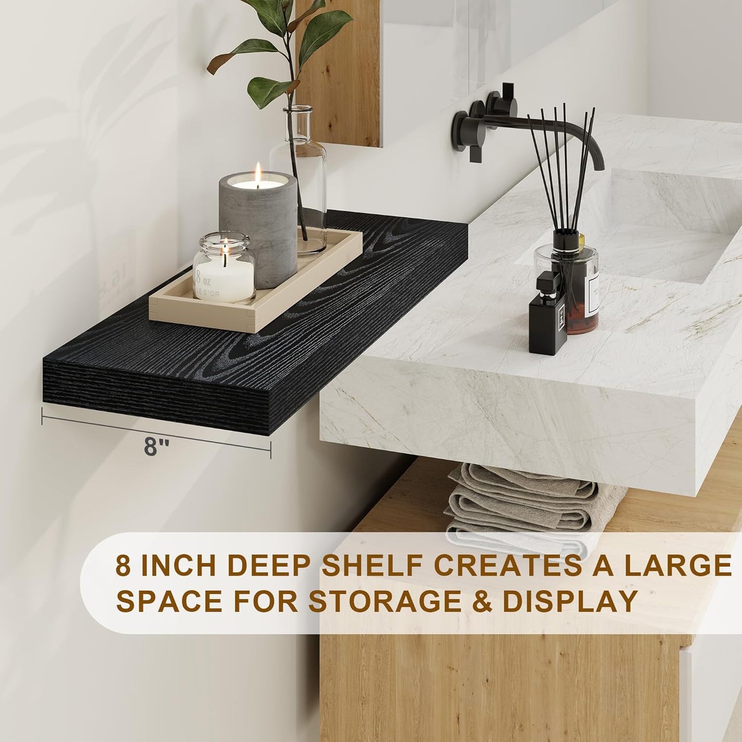 Black Floating Shelves 48 Inch Long, 8 Deep Floating Shelves for Wall, Rustic 48" Long Fireplace Mantel, Large 48 x 8 Wall Shelves for Bedroom, Living Room, Bathroom, Black Deep Shelves Set of 1