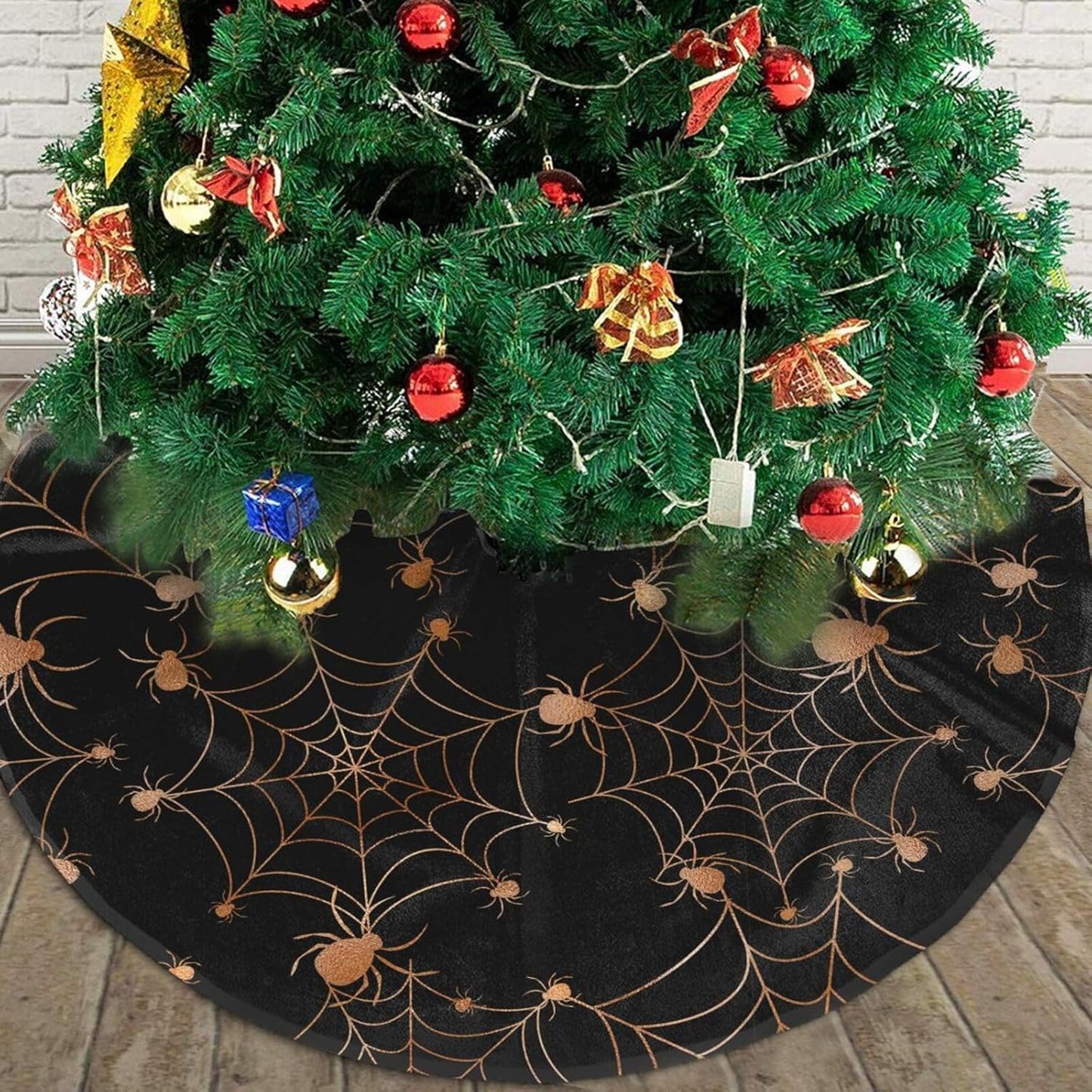Christmas Tree Skirt,Gold Spider Web Xmas Tree Skirt Rustic Farmhouse Tree Skirt for Christmas Decor Xmas Holiday Home Party Decorations30