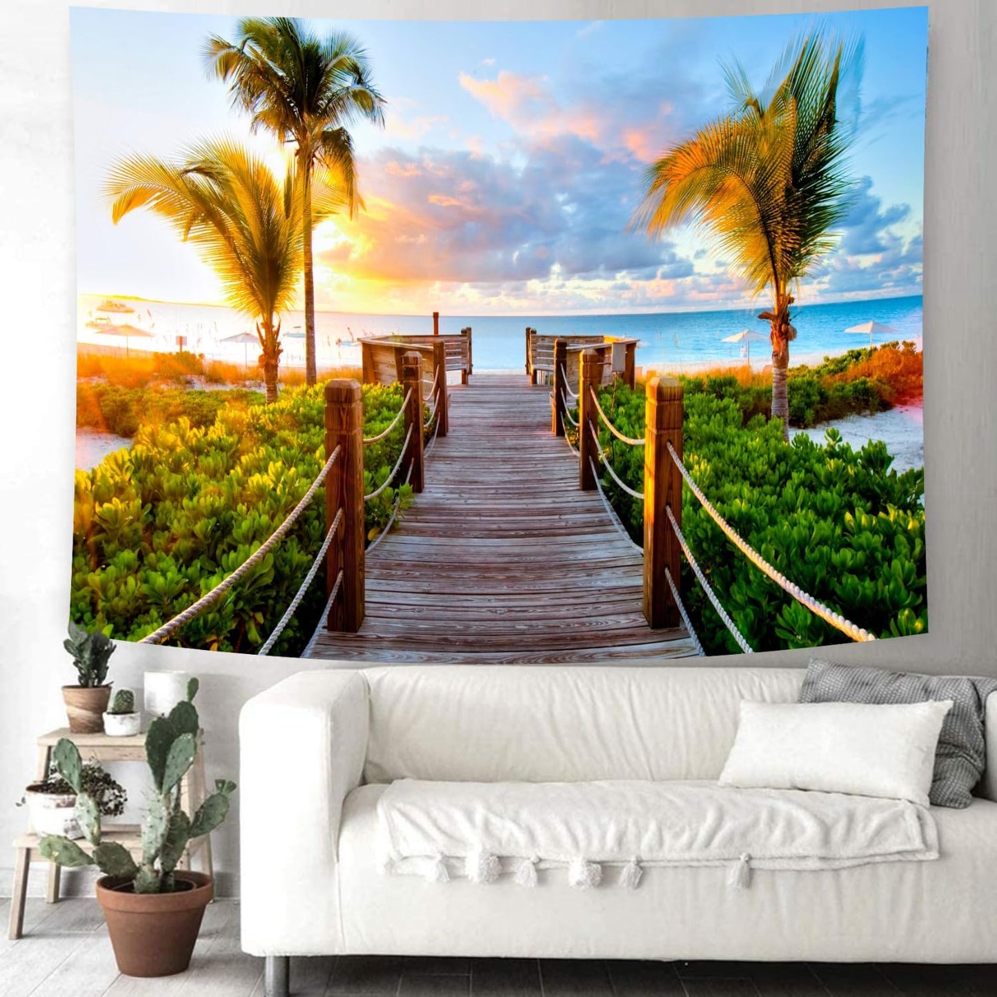 Delur Beach Sunset Tapestry Tropical Seaside Palm Tree Coastal Tapestry Wall Hanging Sunrise Nature Landscape Scenic Psychedelic Headboard for Bedroom Living Room Home Decor (51.2" x 59.1")
