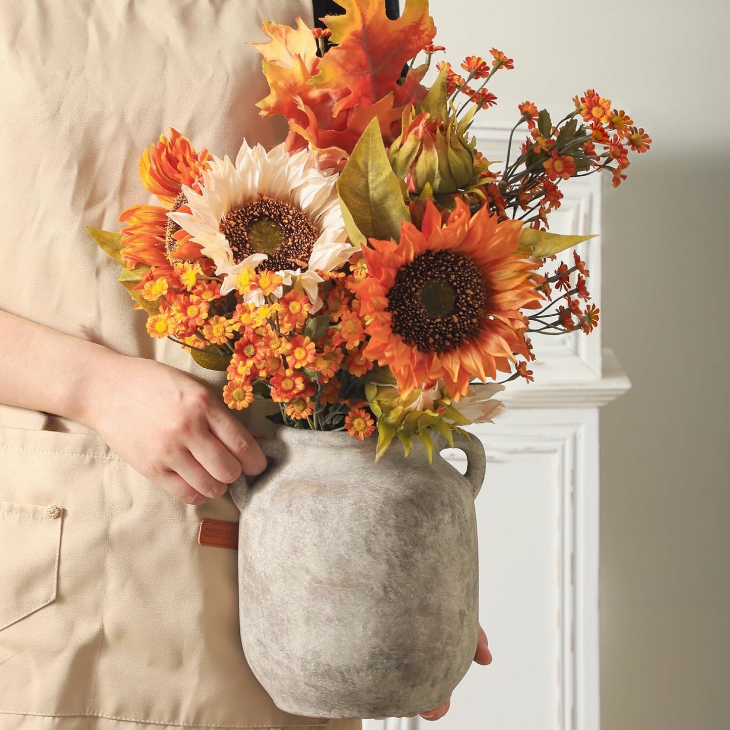 Ceramic Flower Vase Home Decor - 7.6 Inch Farmhouse Rustic Table Vases with Handle Living Room Decoration Decorative Vintage Pottery for Kitchen Shelf Coffee Dining Bookshelf Fireplace Centerpiece