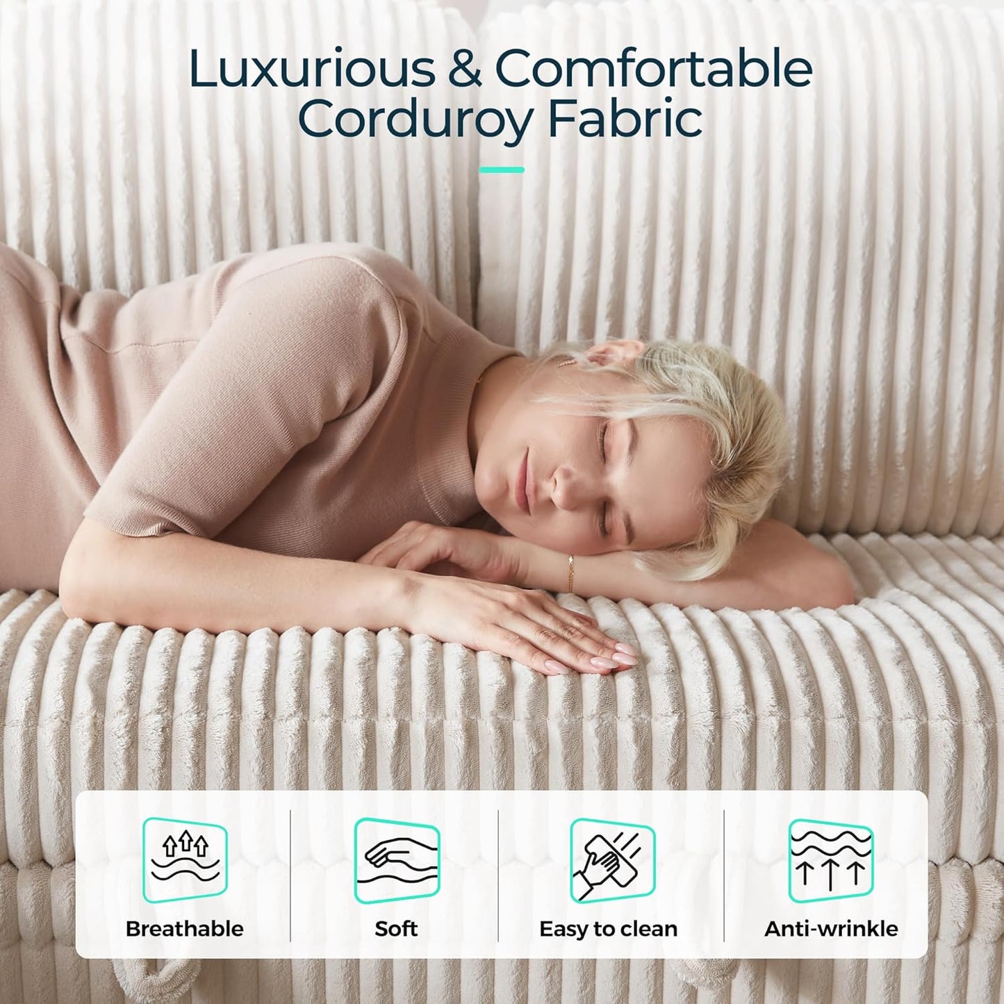 LINSY HOME Sectional Sleeper Sofa with Pull Out Couch Bed - Convertible Plush Corduroy Cloud Couch with Storage Chaise & USB Charging, Comfy L Shaped Modular Couches for Living Room Apartment, Beige