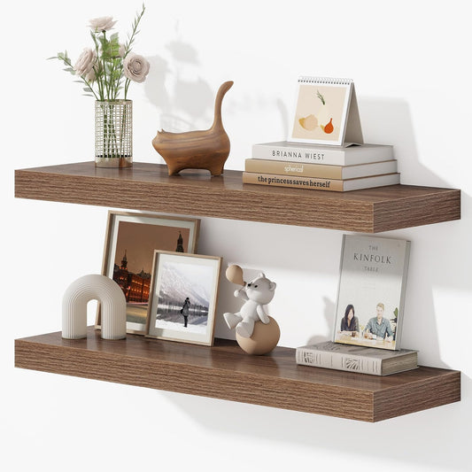 Dreamland 32 Inches Floating Shelves for Wall, 9.3" Deep Long Floating Shelves Set of 2, Large Display & Storage Shelf, Wall Shelf for Bathroom Bedroom Living Room Kitchen Office, Walnut