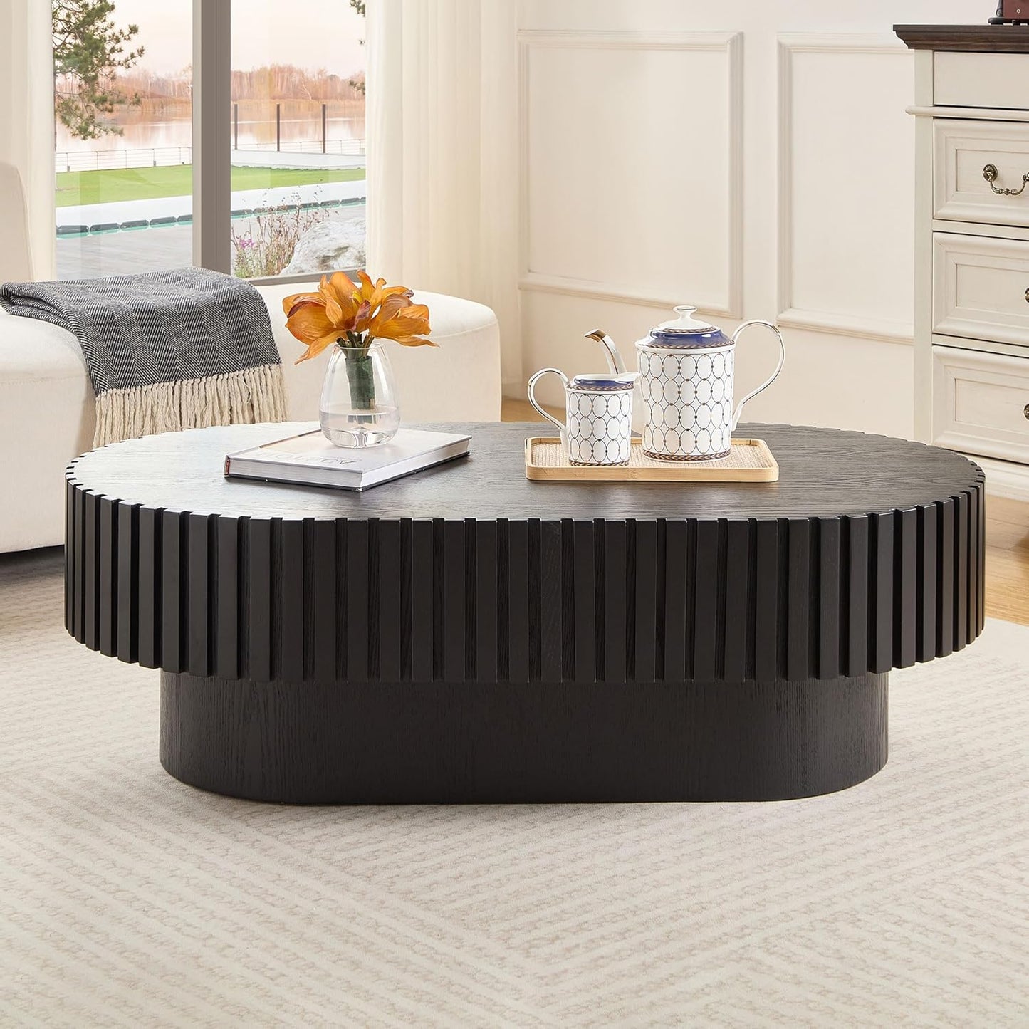 43.7" Oval Coffee Table for Living Room,Modern Handcraft Drum Coffee TableSmall Wooden Coffee Table with Sturdy Pedestal Easy Assembly for Office-Black