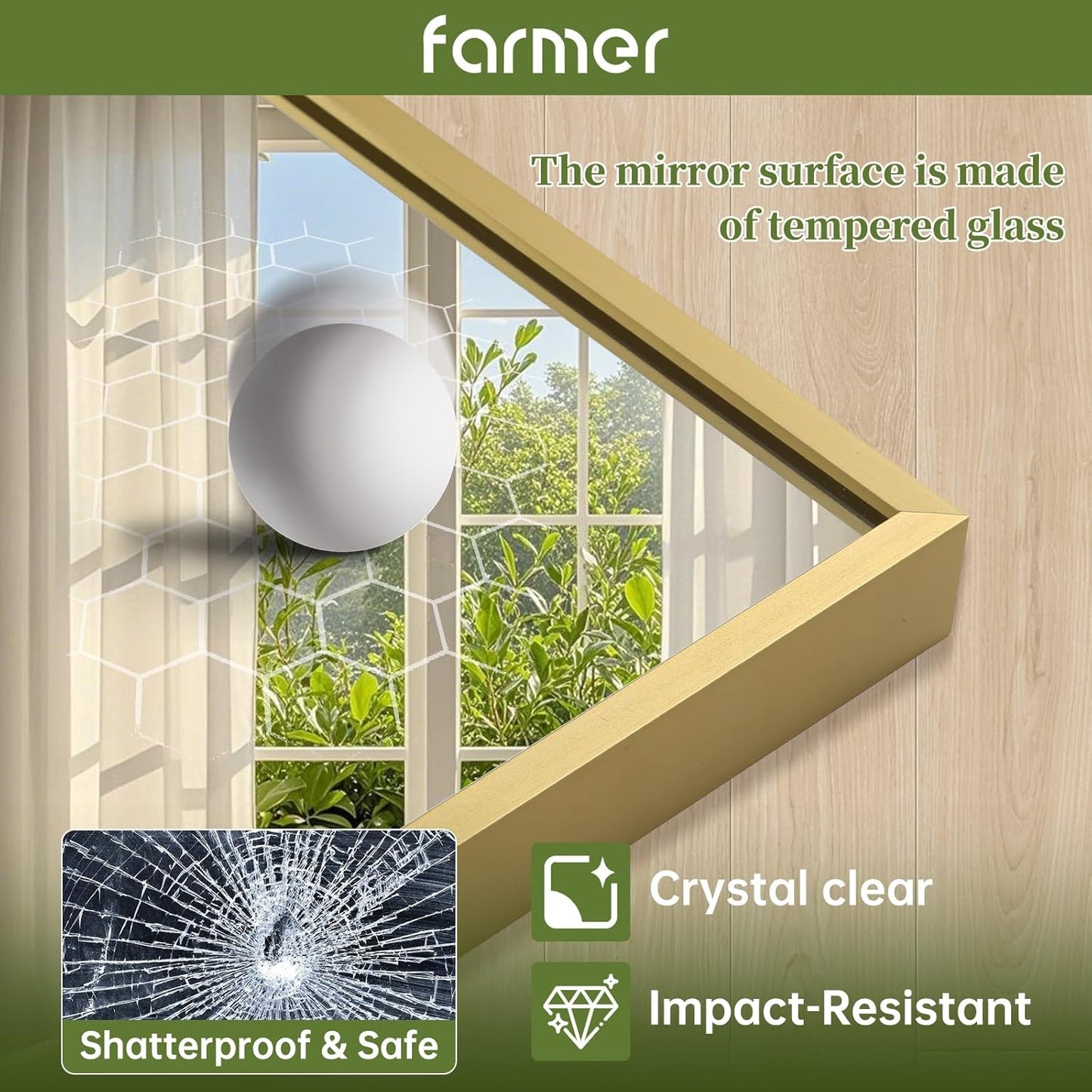 FARMER 16x20 Inch Gold Bathroom Mirror, Rectangle Wall Mounted Mirror, Vanity Mirror, Brushed Square Mirror, Framed Bathroom Mirror for Bedrooms, Entryways, Living Rooms, Horizontal/Vertical