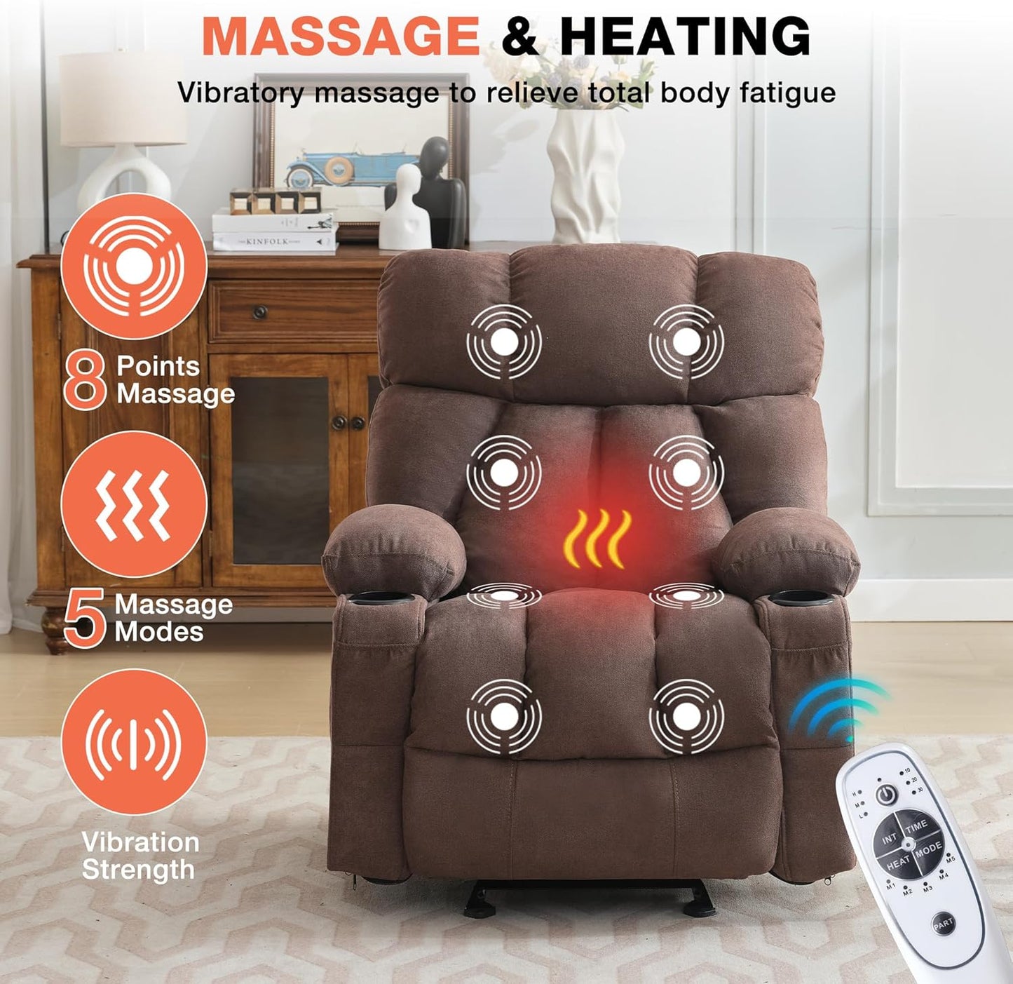 Massage Rocker Recliner Chair with Heat, Ergonomic Overstuffed Reclining Lounge Chair with Side Pockets, USB Charging Port, Sturdy Metal Frame, Comfortable Modern Design for Living Room