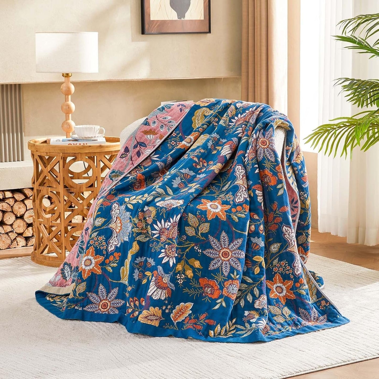 Fall Throw Blanket for Couch, Blue Boho Decorative Throw Blanket, 100% Cotton Muslin Breathable Woven Farmhouse Blankets Quilt, 80"x90" Reversible Lightweight Blankets Bohemian Throw Quilt