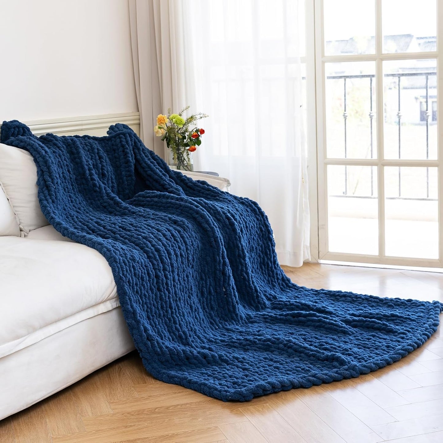 Chunky Knit Blanket - Luxury Soft Cozy 50 * 60 Throw Blanket,100% Woven Blanket Rope Knot Throw Blanket for Couch, Sofa, Home Decor, Gift - Machine Washable（Deep Blue）