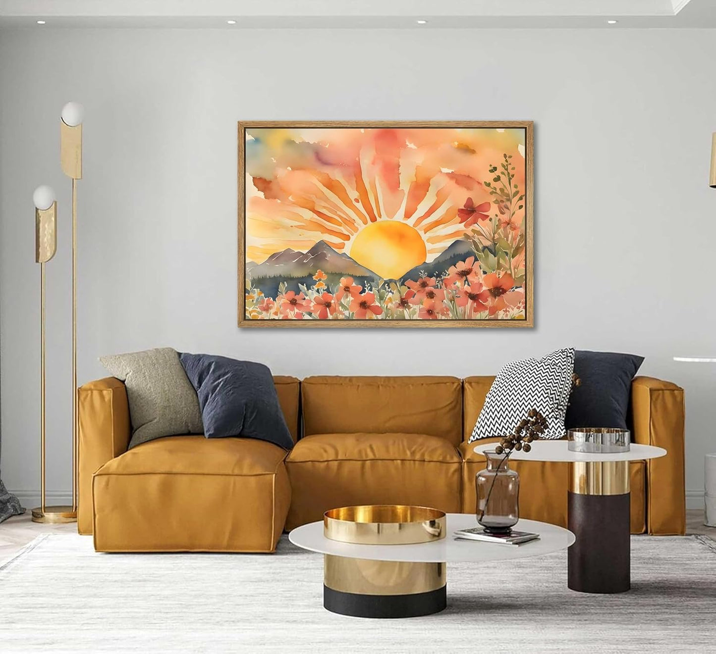 Framed Boho Sun Canvas Wall art Mid-Century Modern Abstract Bohemian Sunset in The Mountains Watercolor Wildflowers Sunrise Landscape Picture Wall Decor Poster Print Artwork for Living Room