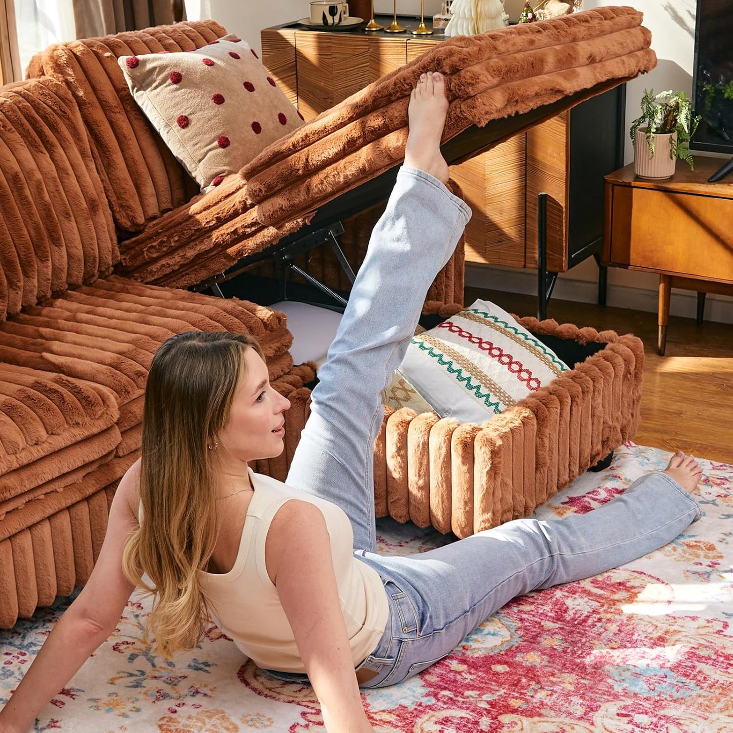 Belffin Modular Sectional Sleeper Sofa with Pull Out Couch Bed Corduroy Double Chaise with Storage Brick Red Couch