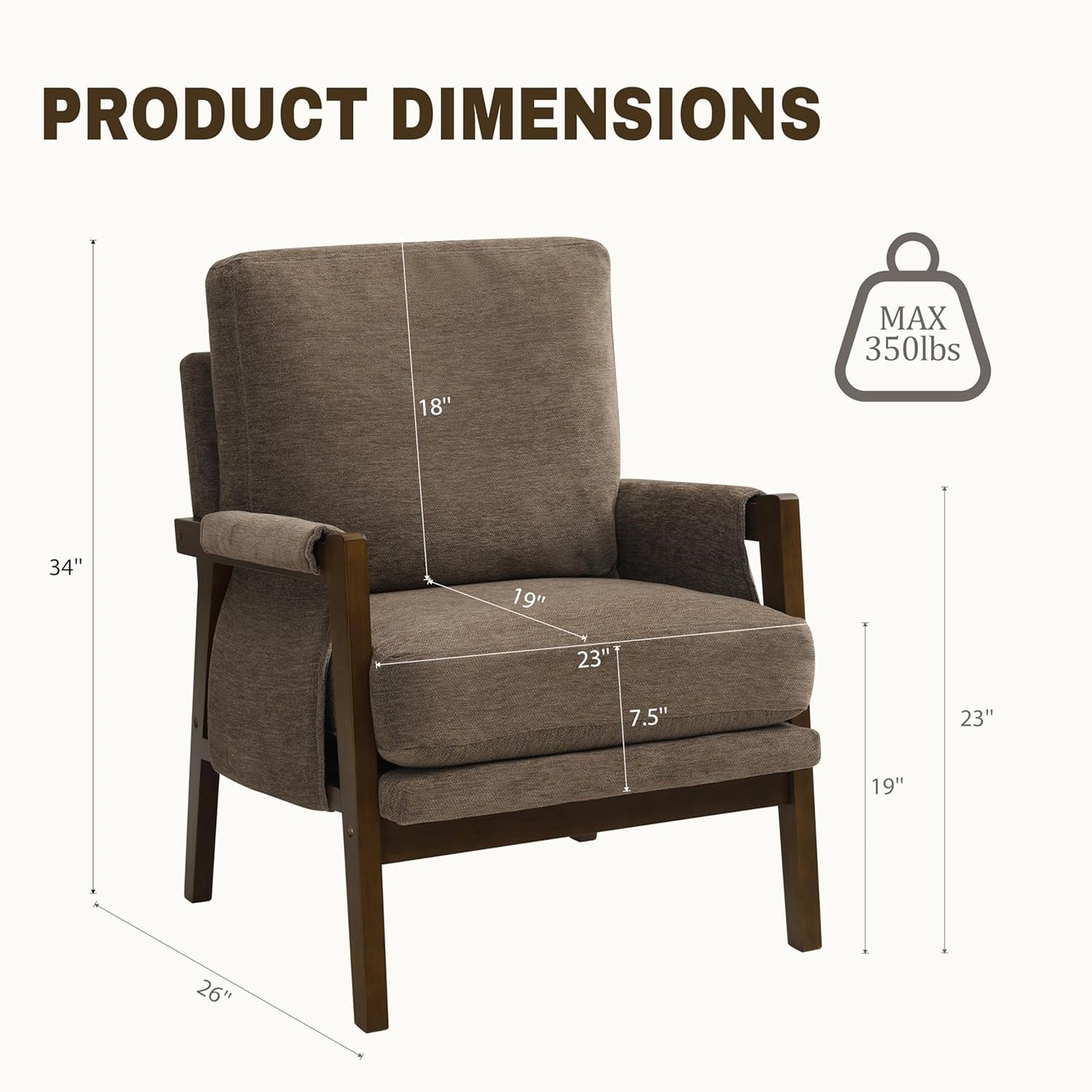 Modern Accent Chair for Living Room Mid Century Arm Chair Upholstered Bedroom Chair Comfy Lounge Chair with Solid Wood Frame, Dark Brown