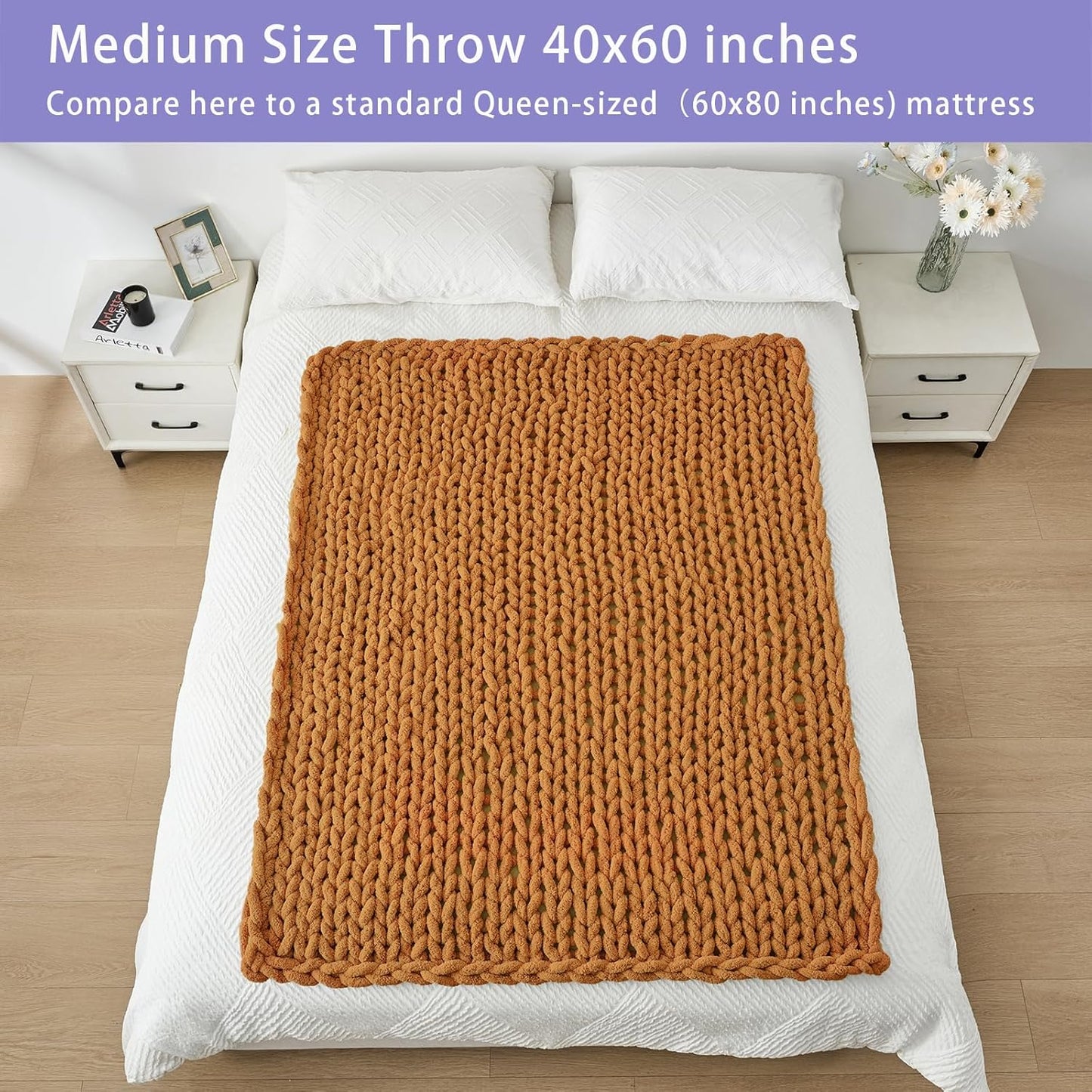 Bigacogo Chunky Knit Throw Blanket for Couch, 40x60 inches, 100% Hand Knitted with Thick Jumbo Chenille Yarn, Cozy Soft Large Rope Knot Cable Crochet Blankets for Sofa Bed Living Room, Burnt Orange