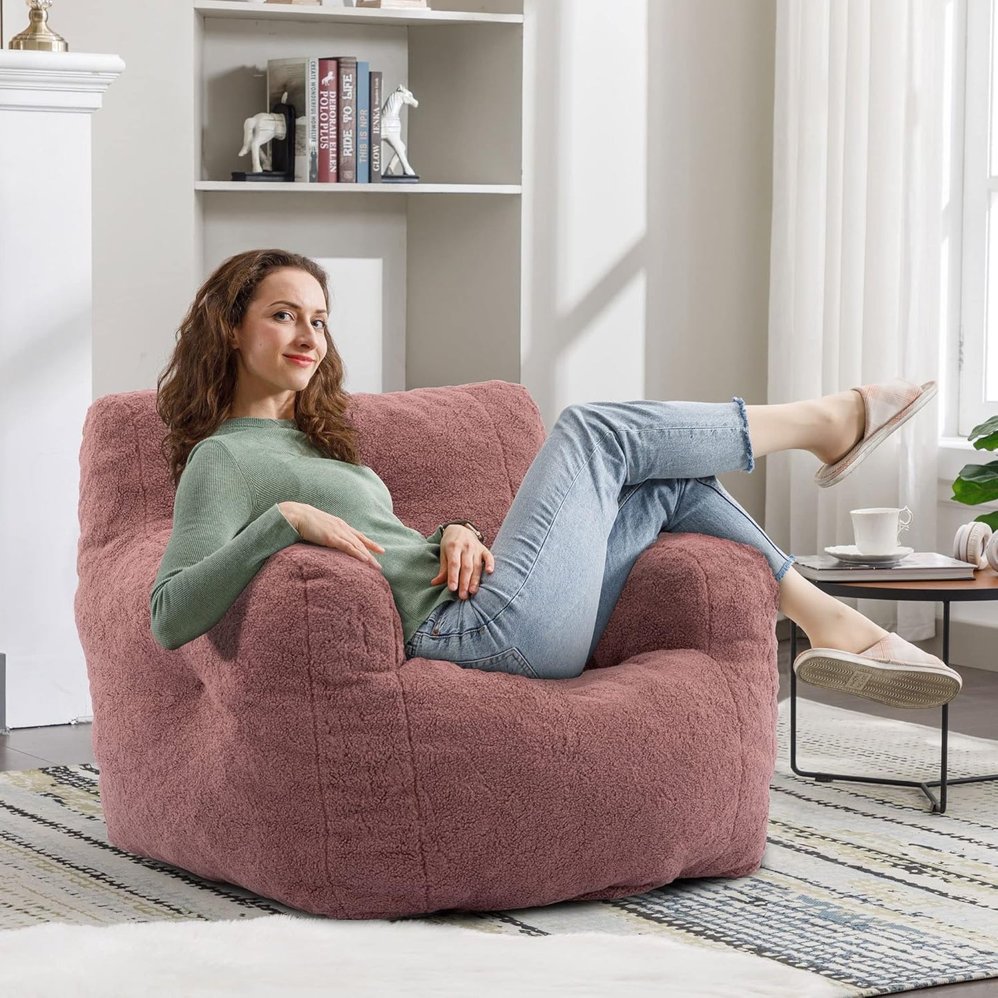 Recaceik Large Bean Bag Chairs, Tufted Soft Stuffed Bean Bag Chair with Filler, Fluffy Lazy Sofa, Imperial Lounger Giant Bean Bag Chair for Bedroom, Living Room, Rufous