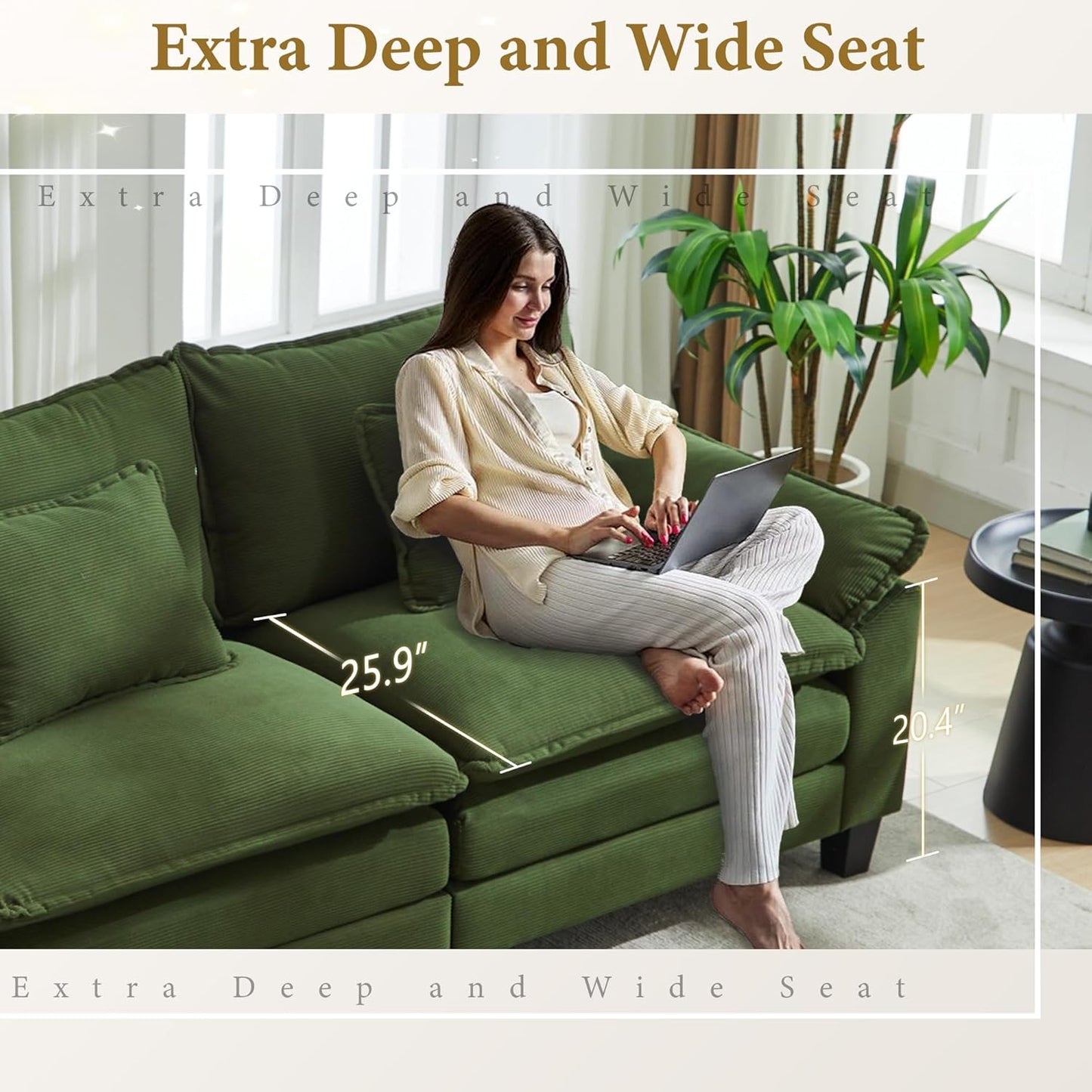 URRED Modular Sectional Sofa Comfy Cloud Couch, Modern Corduroy Sofa Sleeper Deep Seat Couches with Ottoman/Pillows for Living Room (Green, 154'' - U Shape)