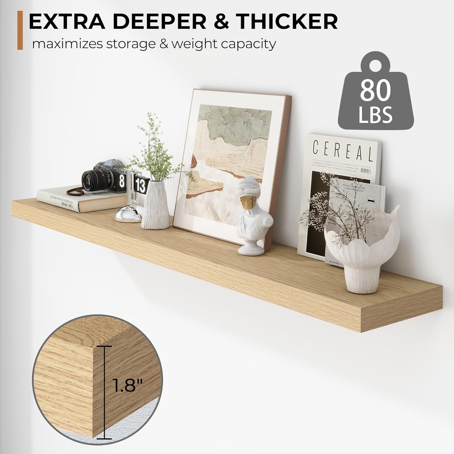 Fun Memories 55 Inch Floating Shelves - 9 Inch Deep Rustic Wooden Wall Shelves - Extra Deeper & Thicker Wall Mounted Storage Shelf for Living Room, Kitchen, Farmhouse - 55" W x 9" D x 1.8" H - Oak