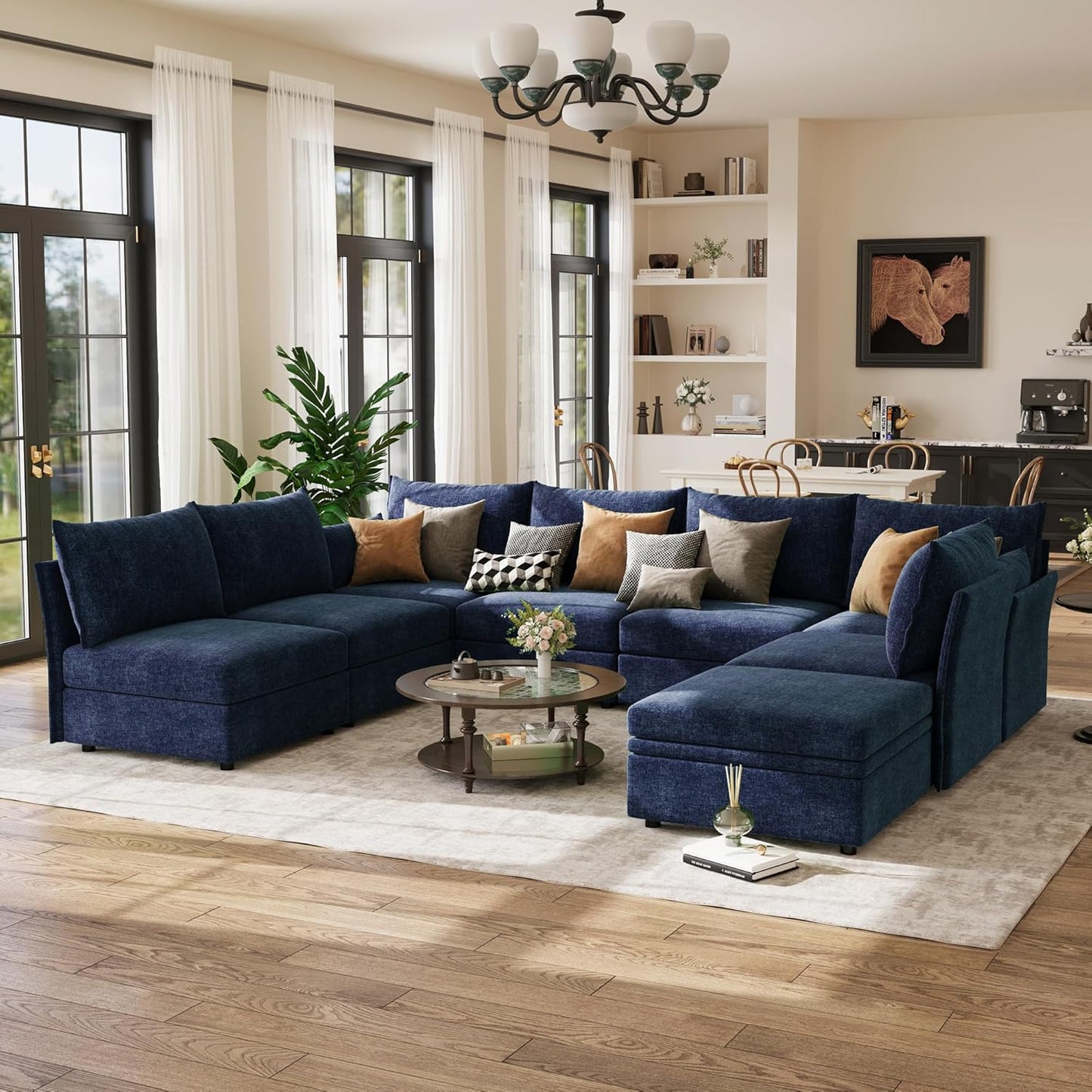 134.6" Modular Sectional Sofa, U Shaped Couch Set for Living Room, Large 8-Seater Comfy Cloud Couches with Movable Storage Ottoman,DIY Combination - Chenille Blue