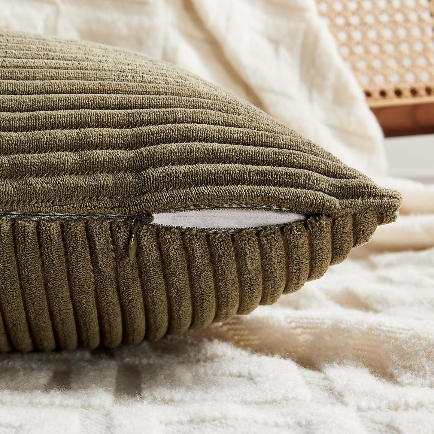 Fancy Homi 2 Packs Olive Green Big Decorative Throw Pillow Covers 24x24 Inch for Living Room Couch Bed, Rustic Farmhouse Boho Home Decor, Soft Corss Corduroy Patchwork Accent Cushion Case 60x60 cm