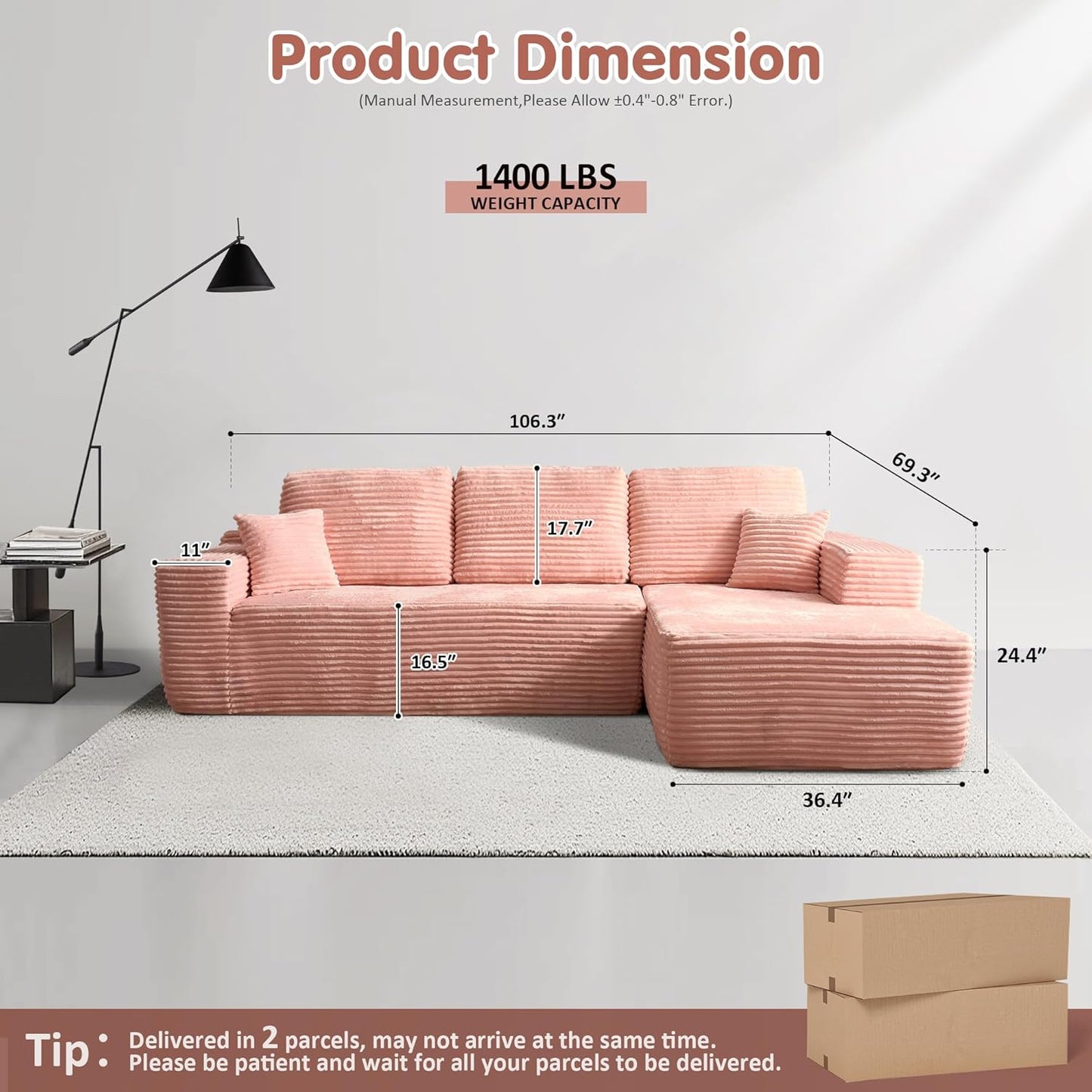 ovios 104" Cloud Sectional Couch with L-Shape Chaise,Modern Modular Sofa with Deep Seat, Upholstered Couches for Living Room Bedroom,No Assembly Required, Pink (Plush Corduroy Fabric)