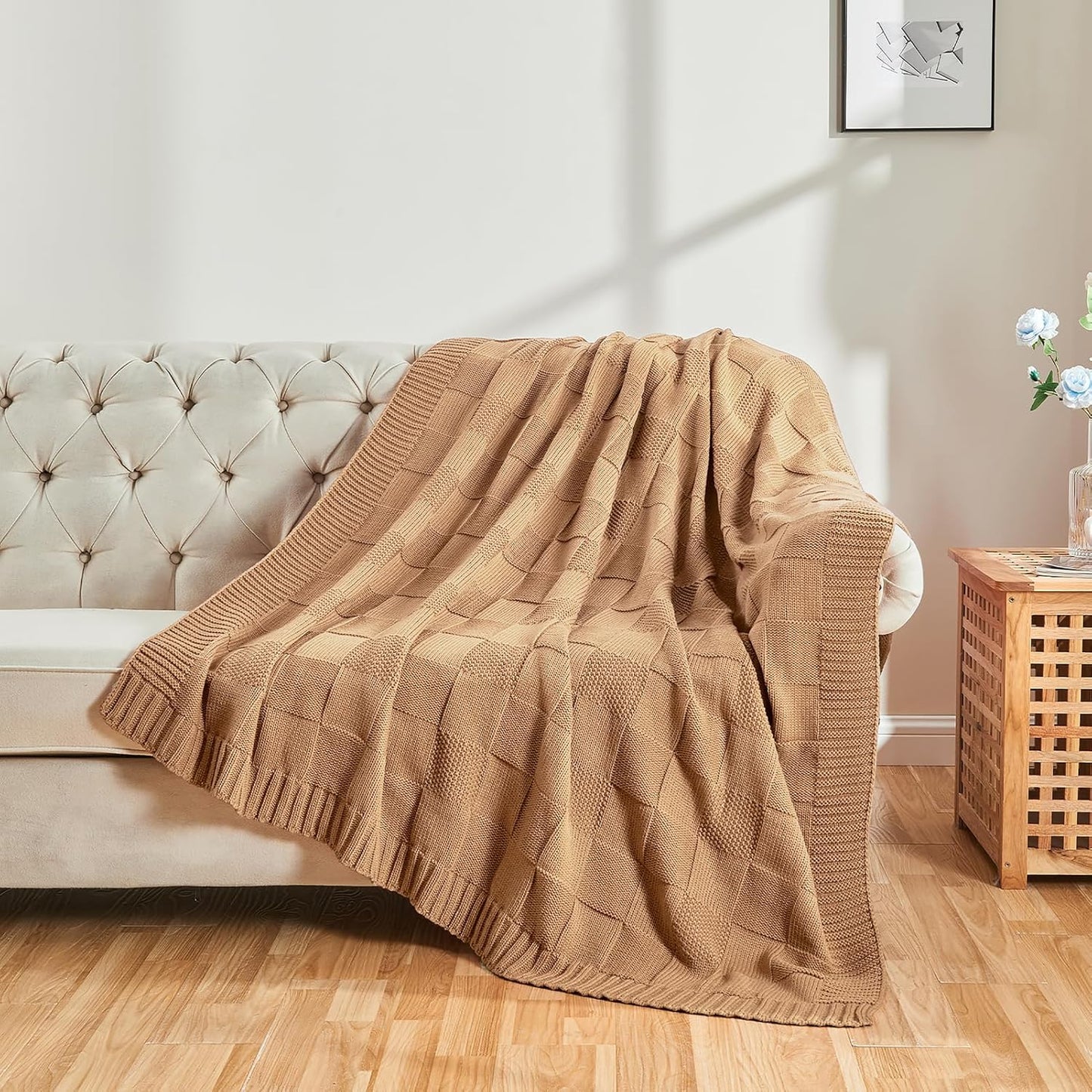 CozeCube Check Knit Throw Blanket, Beige Checkered Throw for Couch, Decorative Christmas Soft Cozy Warm Knitted Blanket for Bed Sofa Living Room, 50"X60"