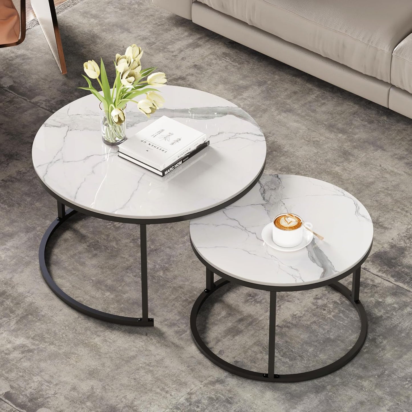Round Nesting White Modern Decorative Coffee Table (Set of 2), Sintered Stone Top & Sturdy Metal Frame for Living Room
