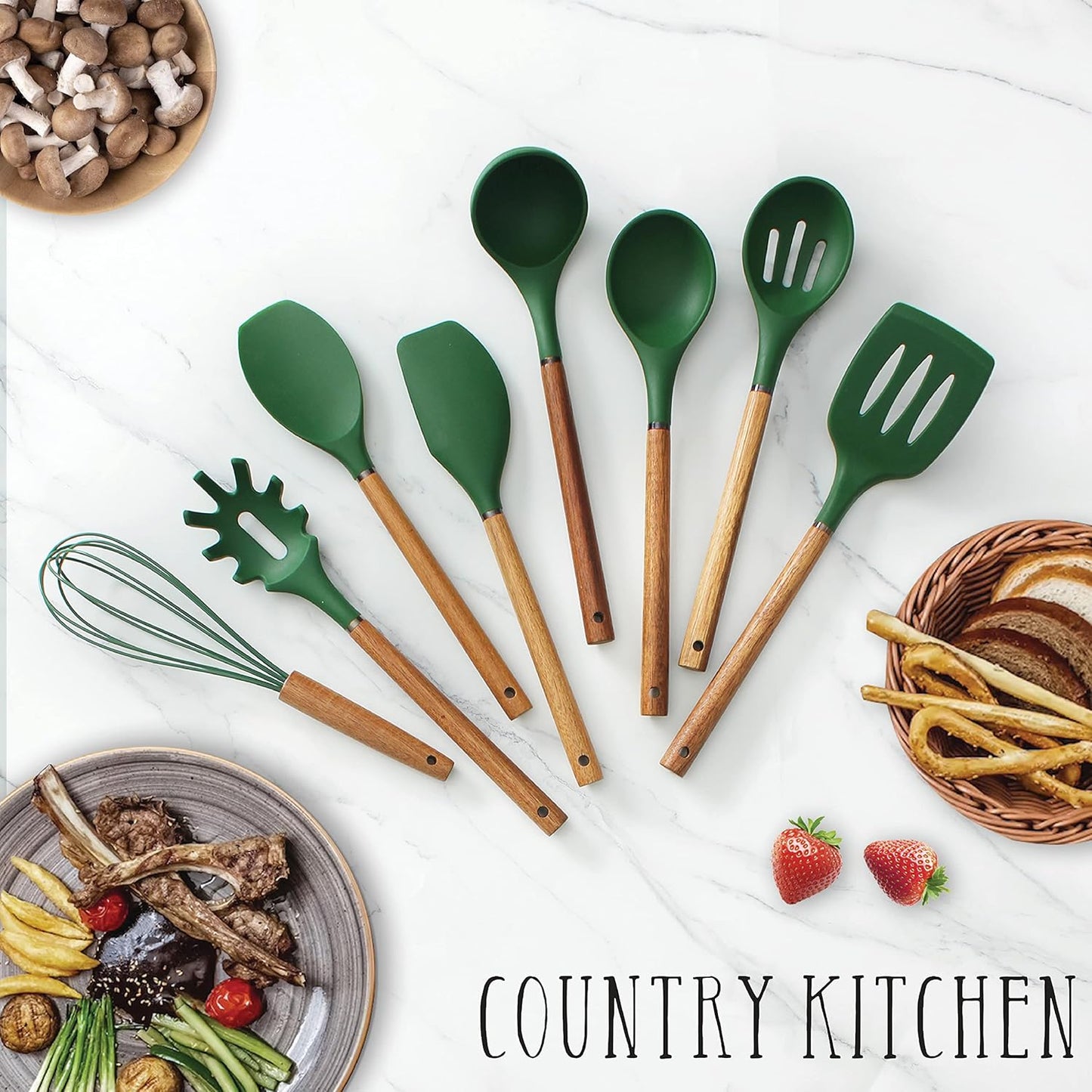 Country Kitchen Non Stick Silicone Utensil Set with Rounded Wood Handles for Cooking and Baking, 8 Piece Set, Green