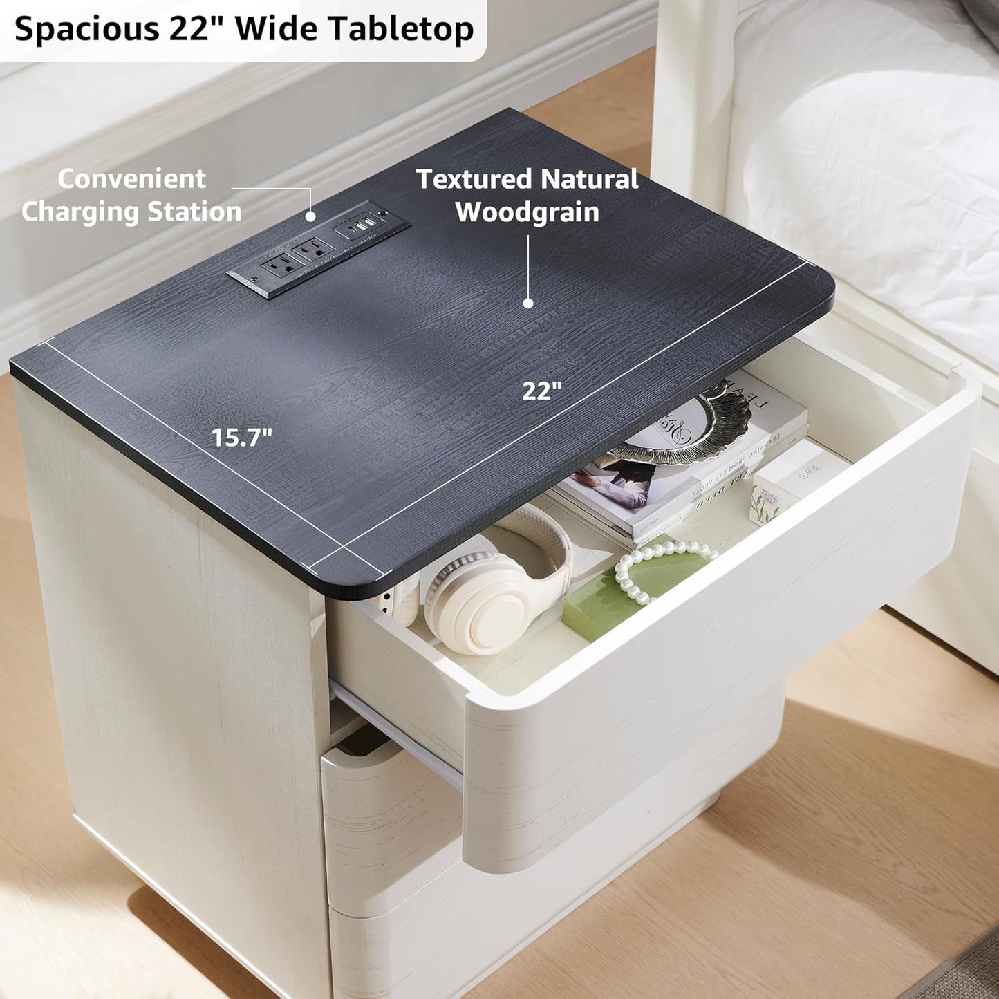 JXQTLINGMU 22" Modern Nightstand with Charging Station, Large Push-to-Open End Table, Wood Bedside Table w/Curved Profile Design, Handleless 3 Drawer Night Stand for Bedroom, Living Room, Off White