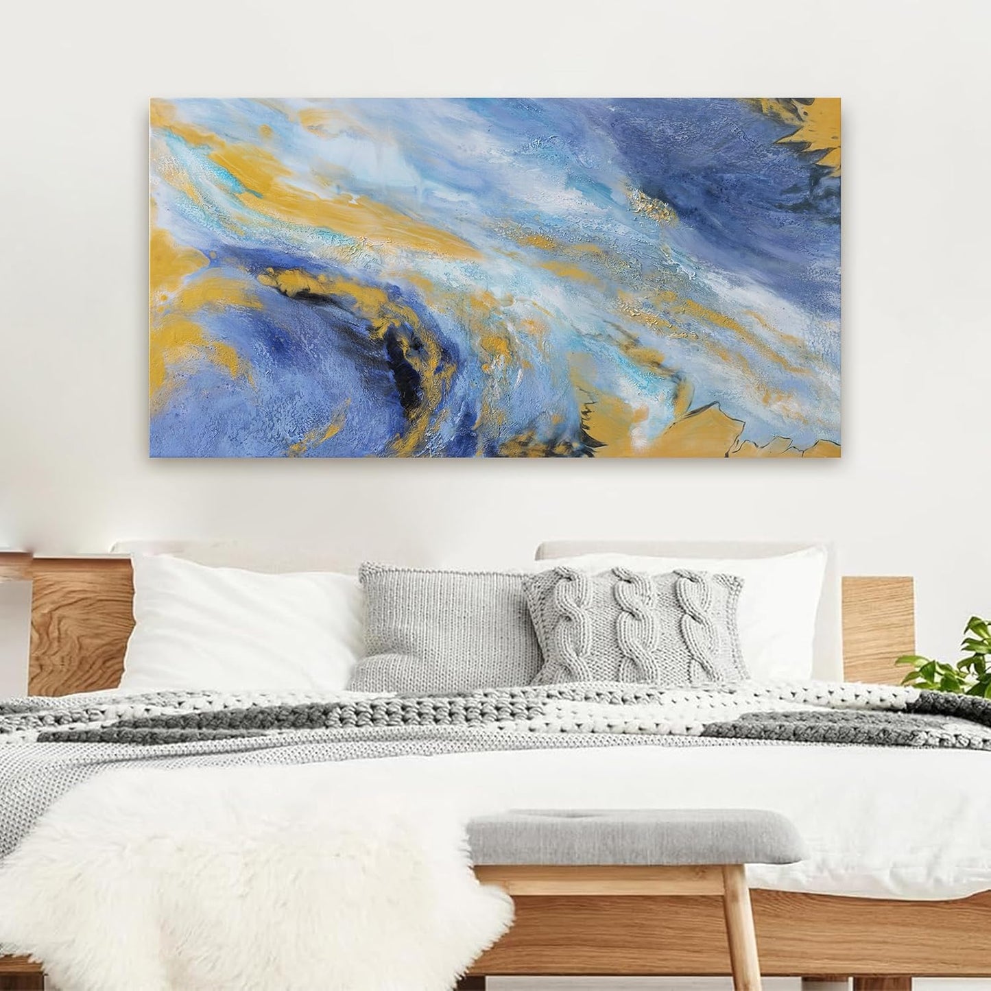 Canvas Wall Art Decor Large Blue Gold Wall Art Prints Modern Abstract Wall Art for Living Room Art Work for Wall Decor Azure - Gold Fluid Symphony Artwork for Walls Home Office Decor 24" X 48"