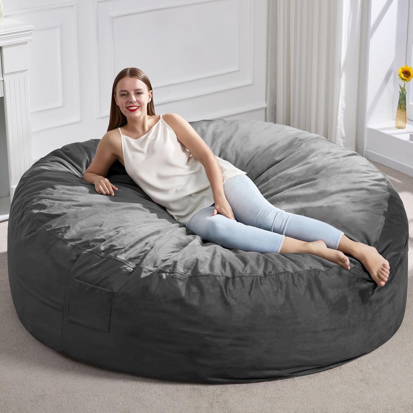 Hobestluk 6FT Bean Bag Chair Bean Bag Chairs for Adults Giant Bean Chairs with Velvet Cover, Memory Foam BeanBag Chair Fluffy BeanBag Chairs for Living Room, Bedroom- Grey (70" x 70" x 15")