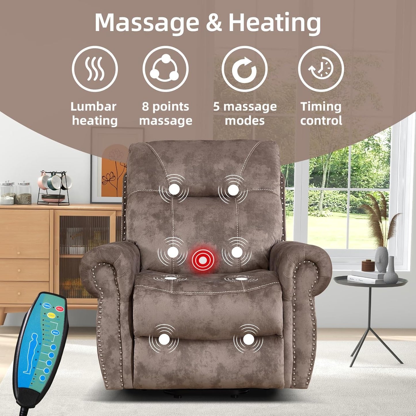 EBELLO Electric Power Recliner Chair with Massage and Heat, Soft Fabric Massage Recliner for Adults, Overstuffed Single Reclining Sofa, Vintage Rivet Mid-Century Design for Living Room, Brown