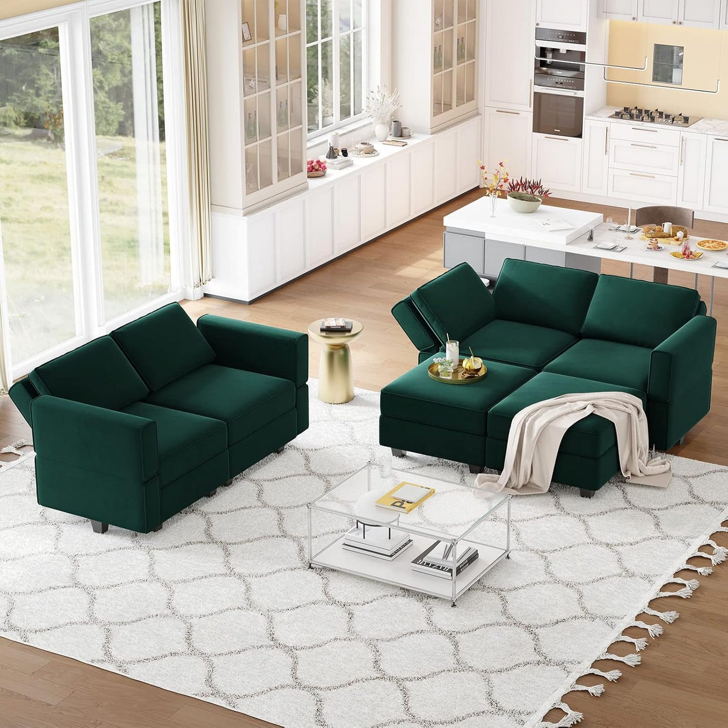 Belffin Modular Velvet Sectional Sofa with Chaise Lounge Sectional Sleeper Sofa with Storage Chaise Bed Couch for Living Room Green
