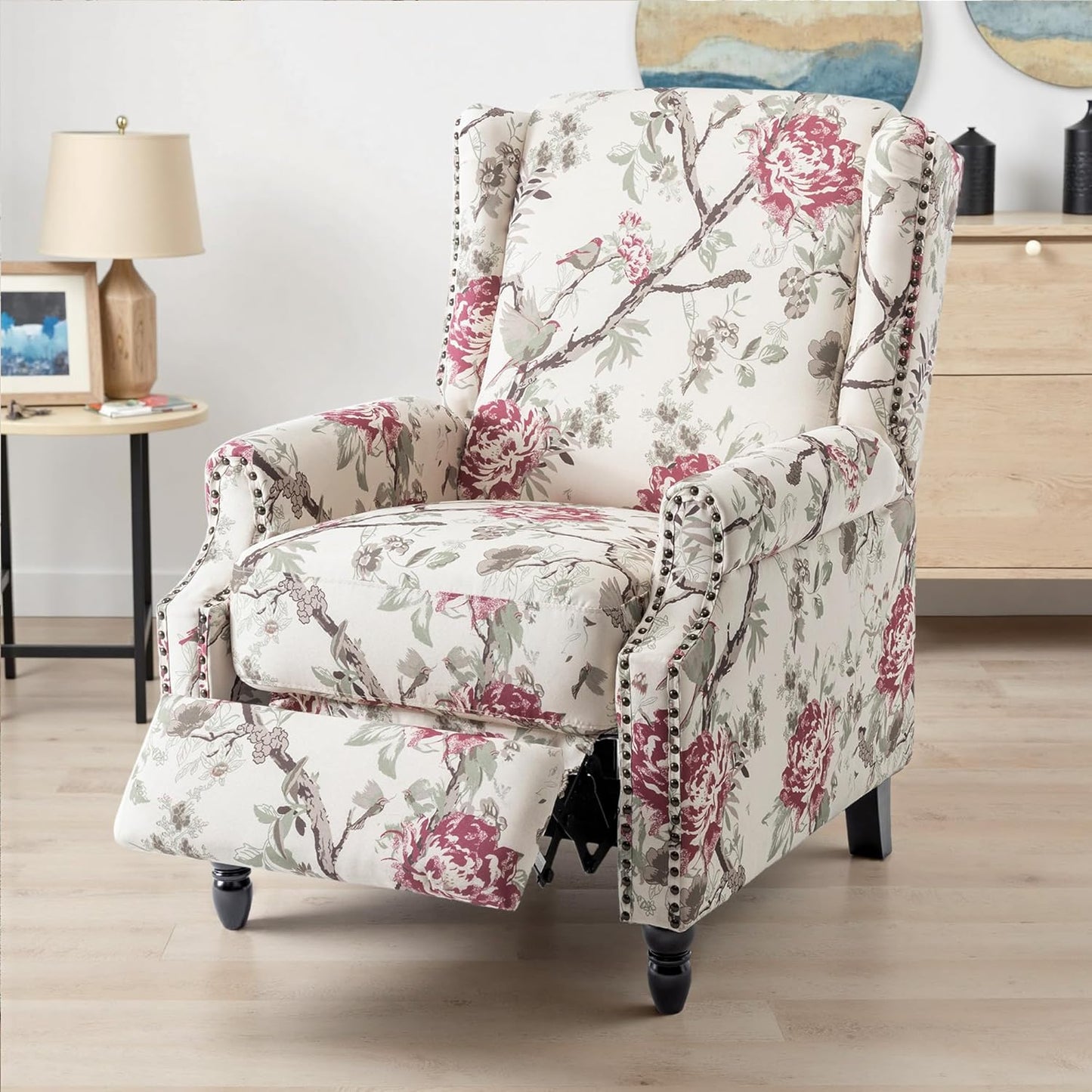 UIXE Recliner Chairs Set of 2, Fabric Armchair Upholstered Pushback Accent Chair for Living Room, Rivet Trim Club Chair Home Theater Single Sofa Bedroom Side Reading Seat - Beige Floral