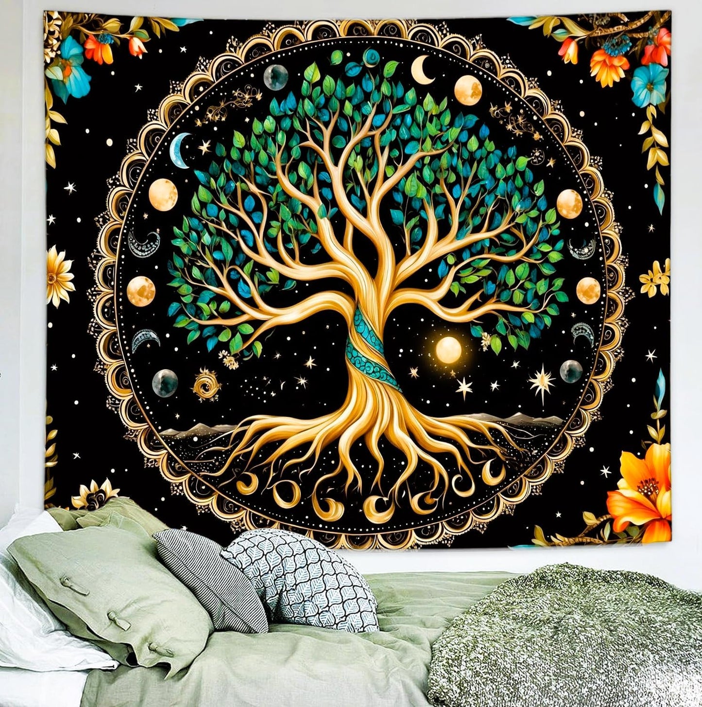 Delur Tree of Life Tapestry Moon Phase Nature Flower Plant Tapestry Wall Hanging Boho Mandala Spiritual Sun Aesthetic Psychedelic Headboard for Bedroom Living Room Home Decor (51.2" x 59.1")
