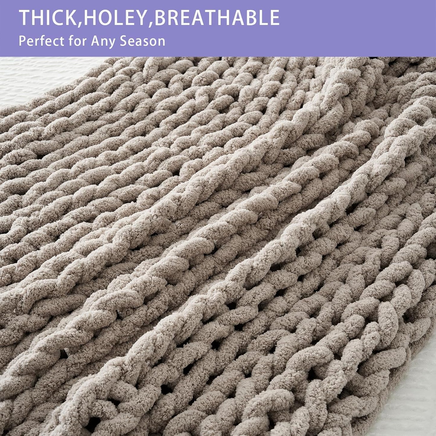 Bigacogo Chunky Knit Throw Blanket for Couch, 80x90 inches, 100% Hand Knitted with Thick Jumbo Chenille Yarn, Cozy Soft Large Rope Knot Cable Crochet Blankets for Sofa Bed Living Room, Taupe