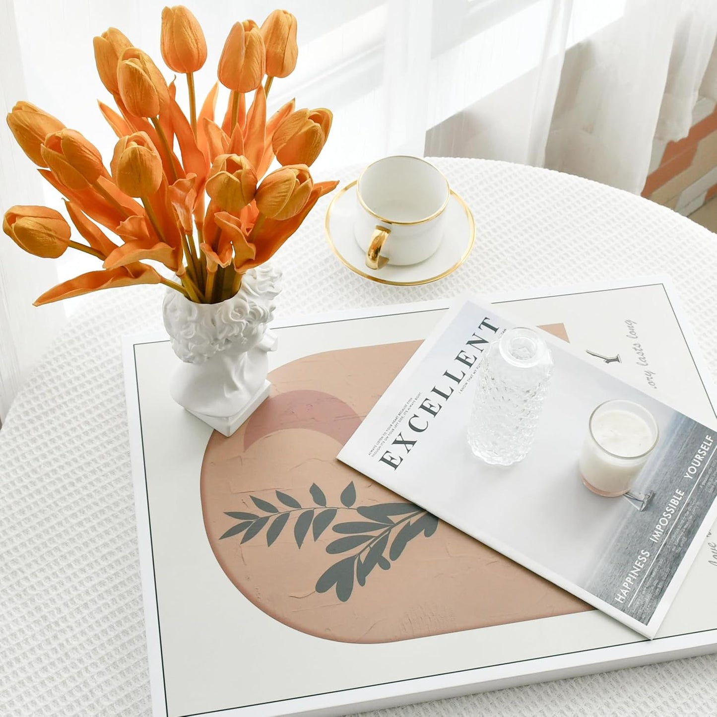 Mandy's Artificial Tulips 12 Stems Fully Gold PU Faux Flowers for Wedding Home Decor 13.5 Inch