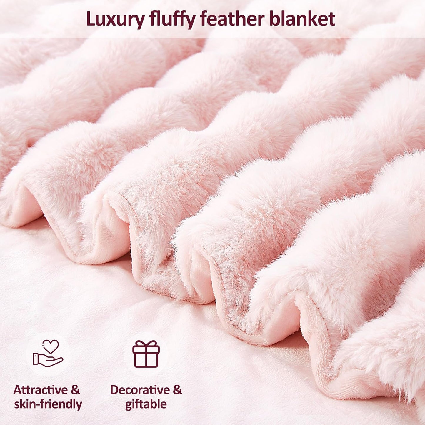 DREAMNINE Decorative Soft Thick Fuzzy Bubble Faux Rabbit Fur Throw Blanket for Couch Sofa, Reversible Plush Warm Fluffy Blankets for Winter, Luxury Cute Cozy Furry Fur Blanket for Bed, 50" x 60", Pink
