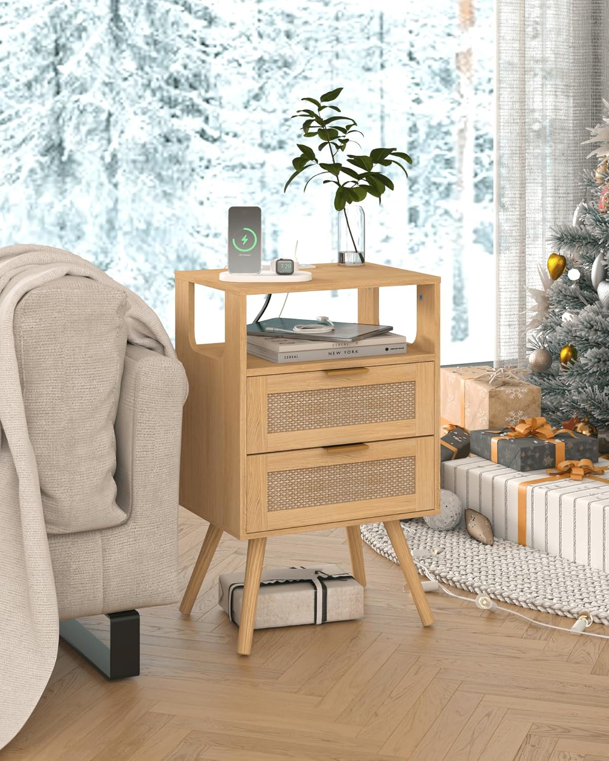 Rattan Nightstand with Charging Station,Modern Bedside Table with 2 Storage Drawer and Open Wood Shelf, for Bedroom and Small Spaces,Night Stand with Solid Wood Legs (Yellow Oak)