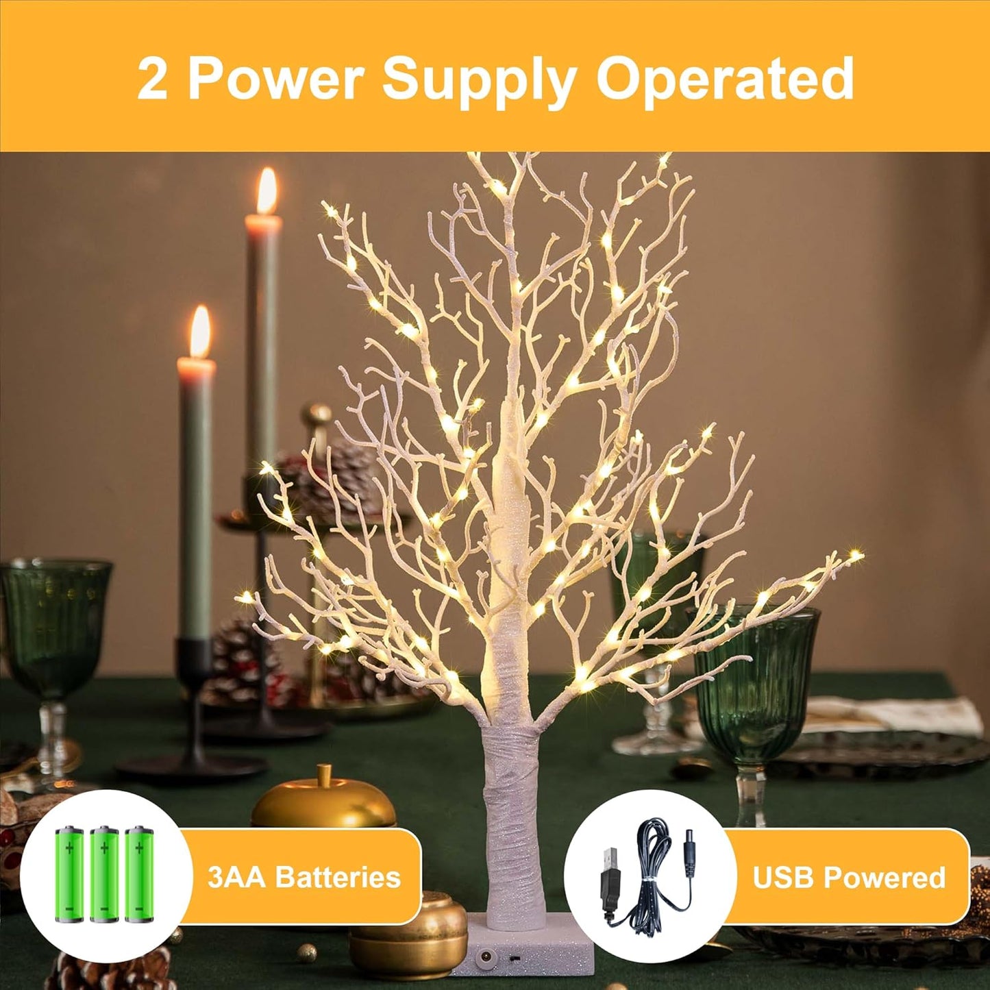 LIGHTSHARE 24IN Lighted Willow Tree Bonsai 70 Mini LED Lights Artificial White Birch Tree for Home, Festival, Wedding, Nativity, Party, and Christmas Decoration, Plug in or Battery (White)