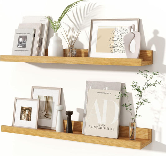 Fun Memories Picture Ledge Shelves Set of 2, 24 Inch Rustic Wall Mounted Floating Shelves with Lip for Home Storage and Décor in Bathroom, Kitchen, Nursery, Bedroom, Living Room, Oak