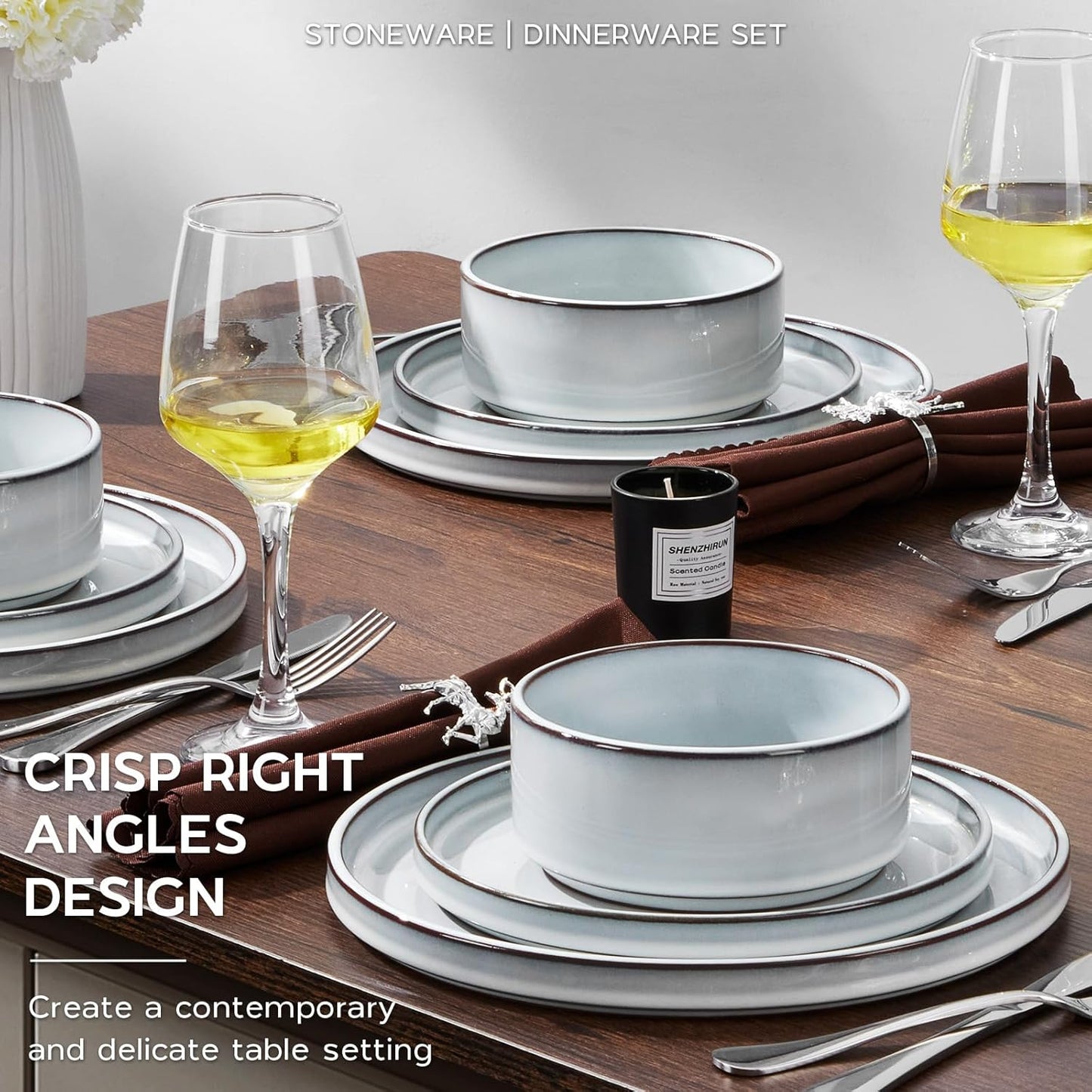 Onader Stoneware Dinnerware Sets, 12 Piece Plates and Bowls Dish Sets for 4, Ceramic Dishware Dining Ware with Rustic Terracotta Bottom - Glacier White