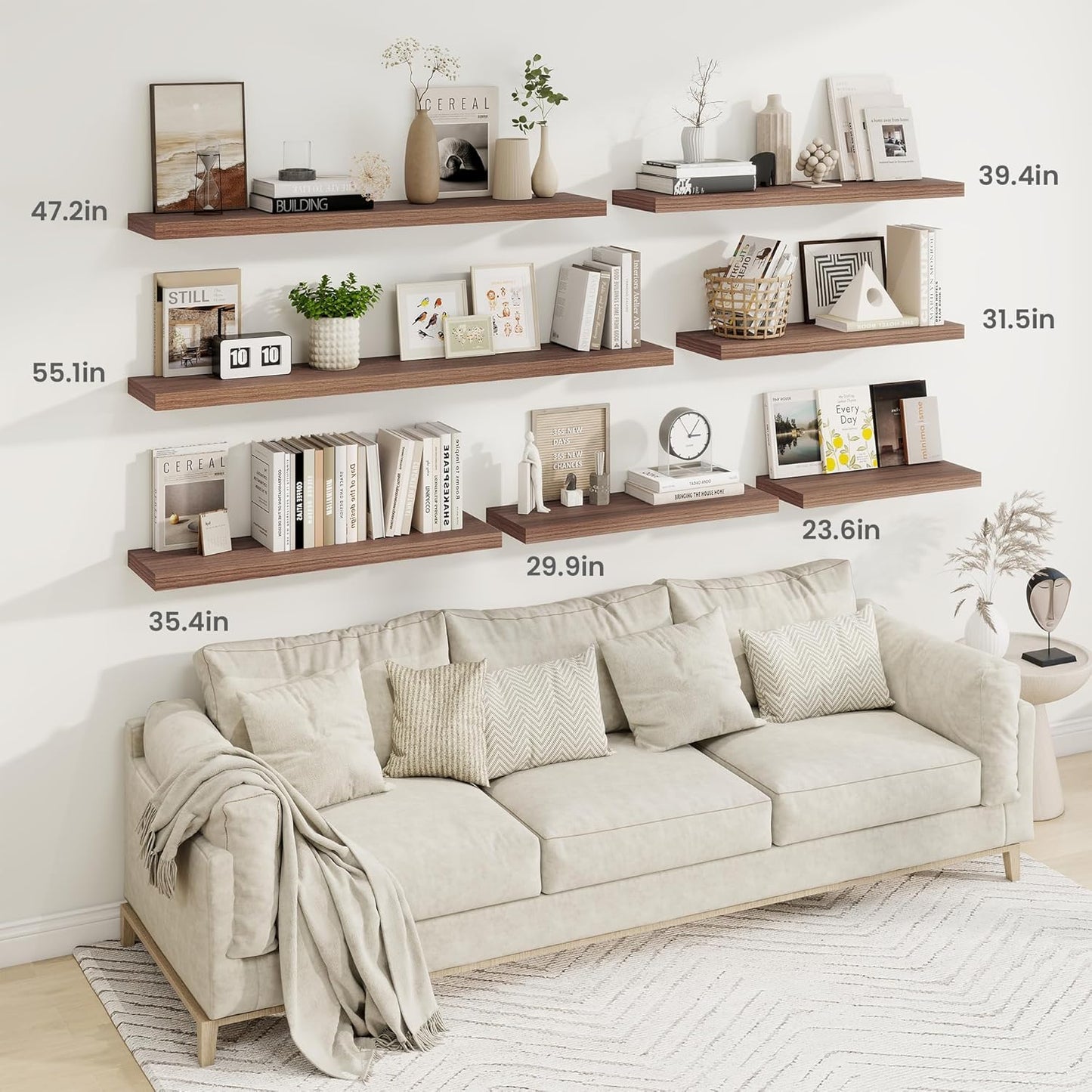 Fun Memories 40" Rustic Wood Floating Shelves with Invisible Brackets for Storage & Decor, Deep Wall Mounted Shelves for Bathroom, Kitchen, Living Room (Walnut, Set of 2)