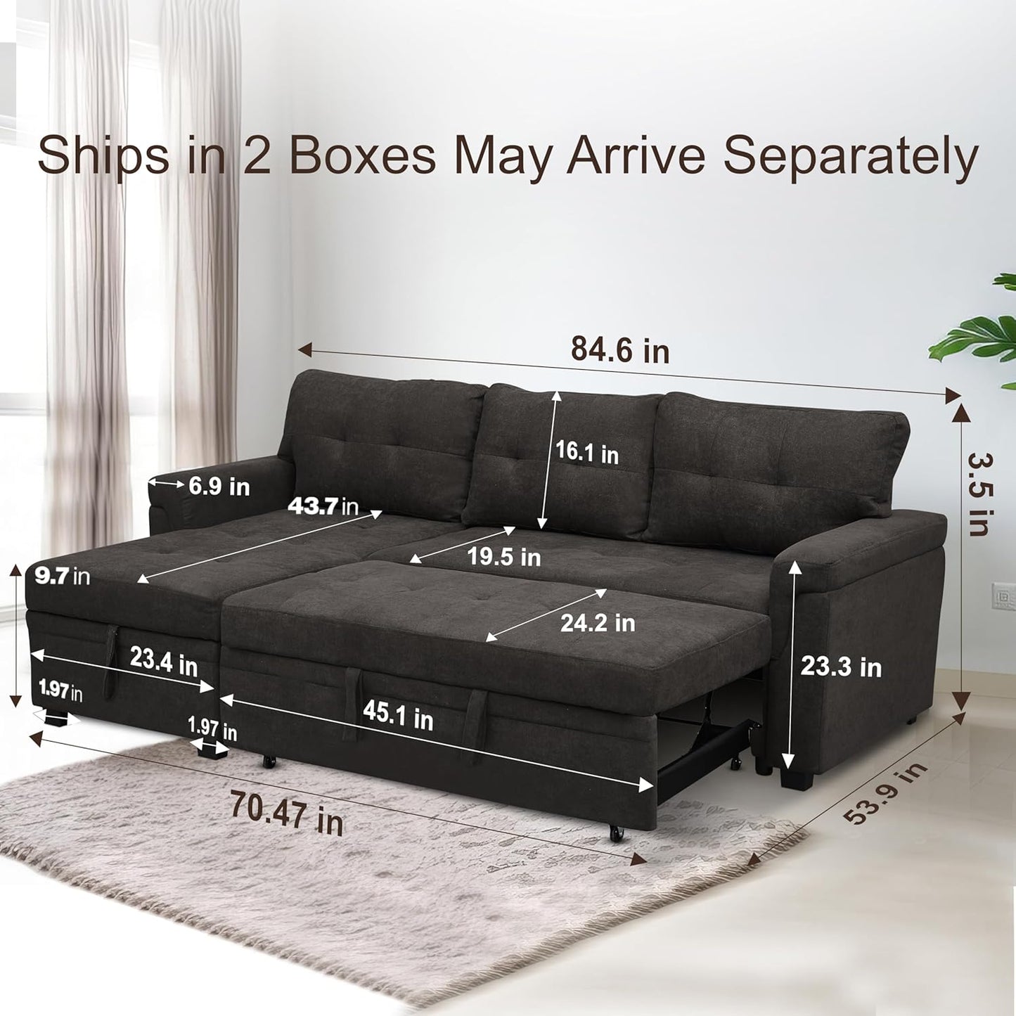 Naomi Home Transform Any Space: Sleeper Sectional Sofa with Convertible Sofa Bed & Inviting Chaise. Find Tranquil Comfort with Stress-Relieving Design & Durable Cushions - Espresso/Velvet