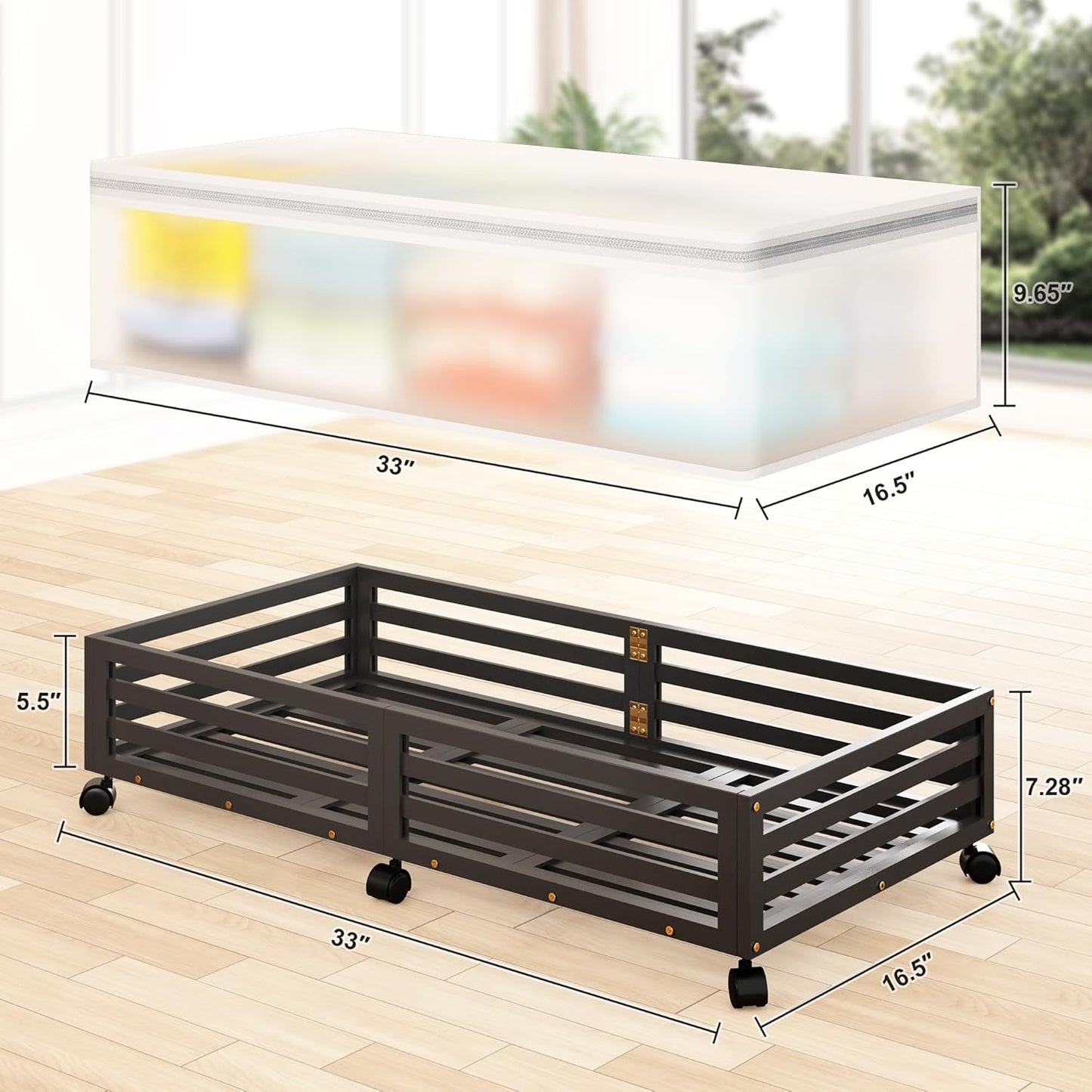 Under Bed Storage with Wheels-Large Bamboo Underbed storage Containers with Large Dust Bag Stackable Under the Bed Shoe Storage Bins for Clothes Books Bedding (2 Packs Black, 33.07"L×16.54"W× 6.5"H)