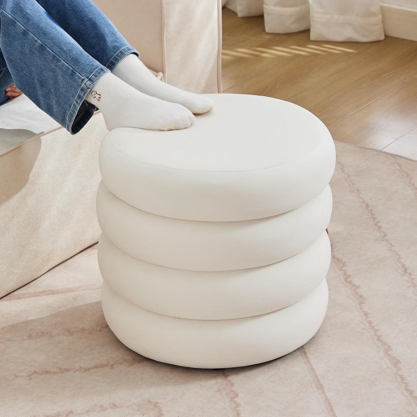 ONEVOG Round Storage Ottoman, 20" Small Ottomans Table with Removable Lid, Velvet Fabric Soft Footrest Stool for Couch, Upholstered Stuffed Circle Seat for Living Room/Bedroom/Dorm/Vanity, Lvory White