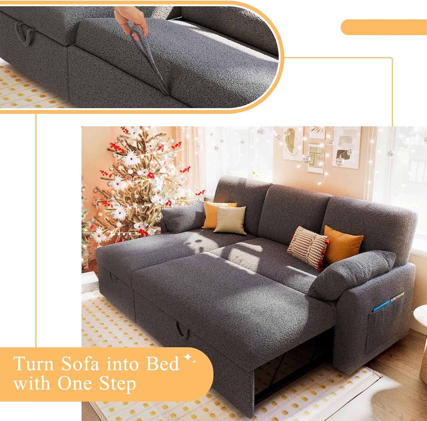 VanAcc Sofa Bed, Sleeper Sofa with Storage Chaise- 2 in 1 Pull Out Couch Living Room, Comfy Sleeper Couch, Grey Boucle