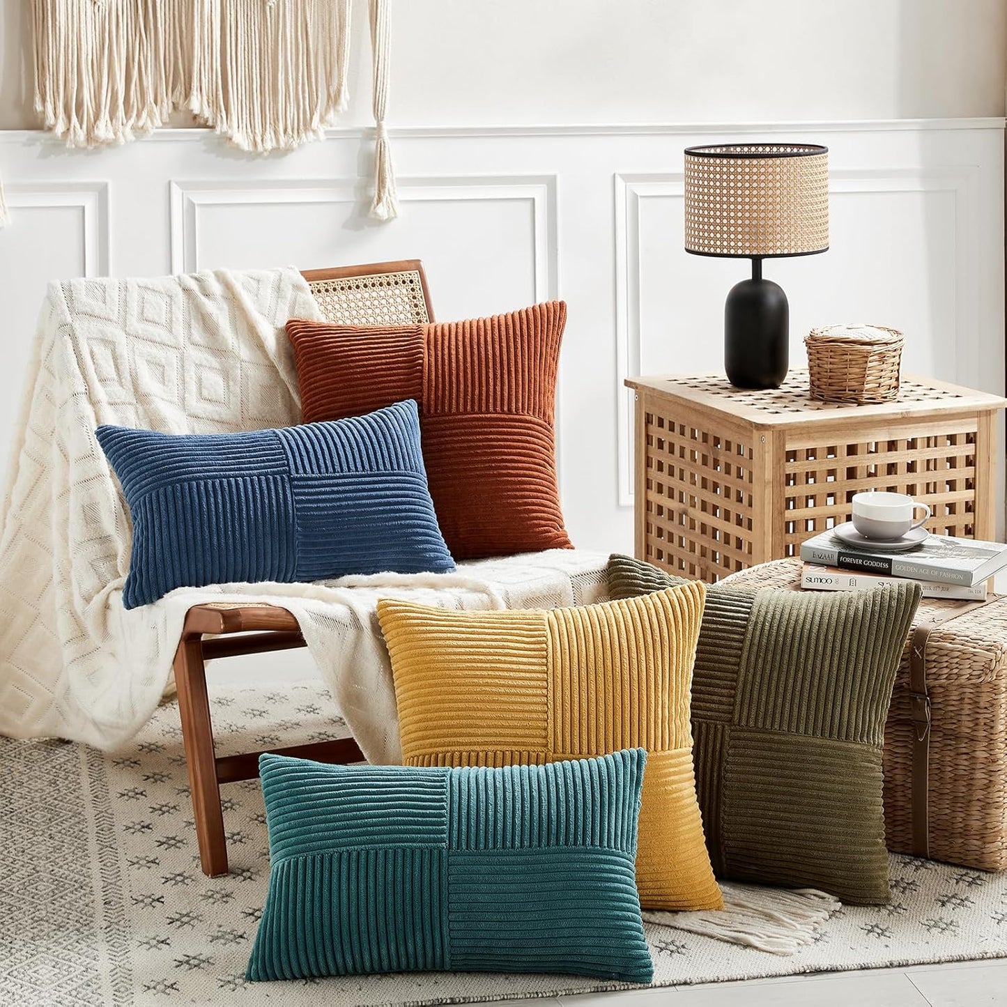 Fancy Homi 2 Packs Teal Big Decorative Throw Pillow Covers 24x24 Inch for Living Room Couch Bed, Rustic Farmhouse Boho Home Decor, Soft Corss Corduroy Patchwork Accent Square Cushion Case 60x60 cm