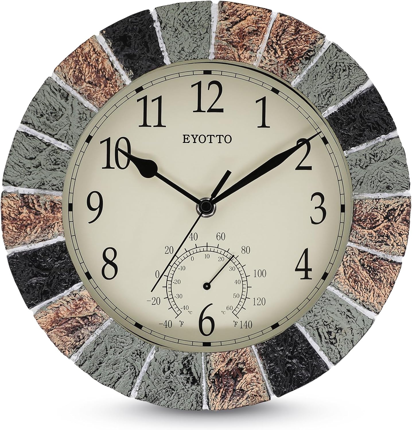 eYotto 10 Inch Small Indoor/Outdoor Waterproof Wall Clock with Thermometer Silent Non-Ticking Battery Operated Wall Clocks Weatherproof for Patio, Pool, Garden, Lanai, Fence, Porch, Deck, Bathroom